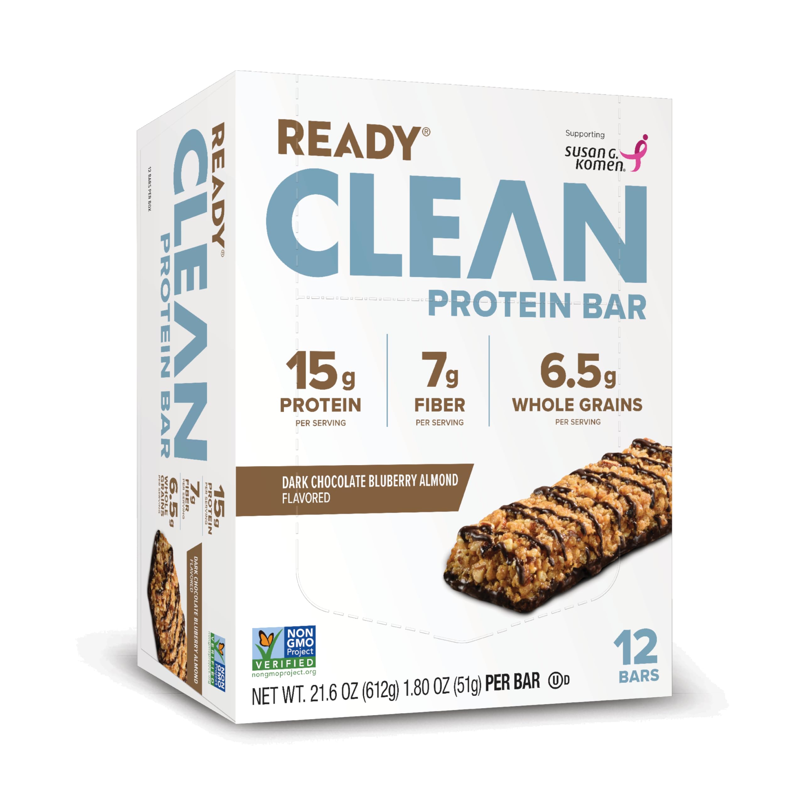 Ready® Protein Bars – High-Protein Snack with 15g Whey Protein, All-Natural Ingredients, Supports Lean Muscle and Recovery, No Artificial Sweeteners – Dark Chocolate Blueberry Almond, 12-Pack