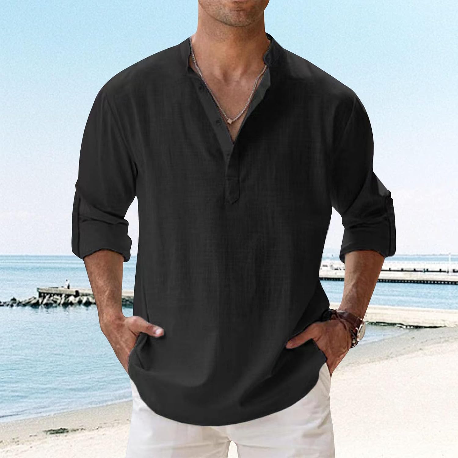 Retro Shirt for Men Collar Linen Long Sleeve Henley Workout Vintage Hippie Button Fashion Summer Casual Blouses