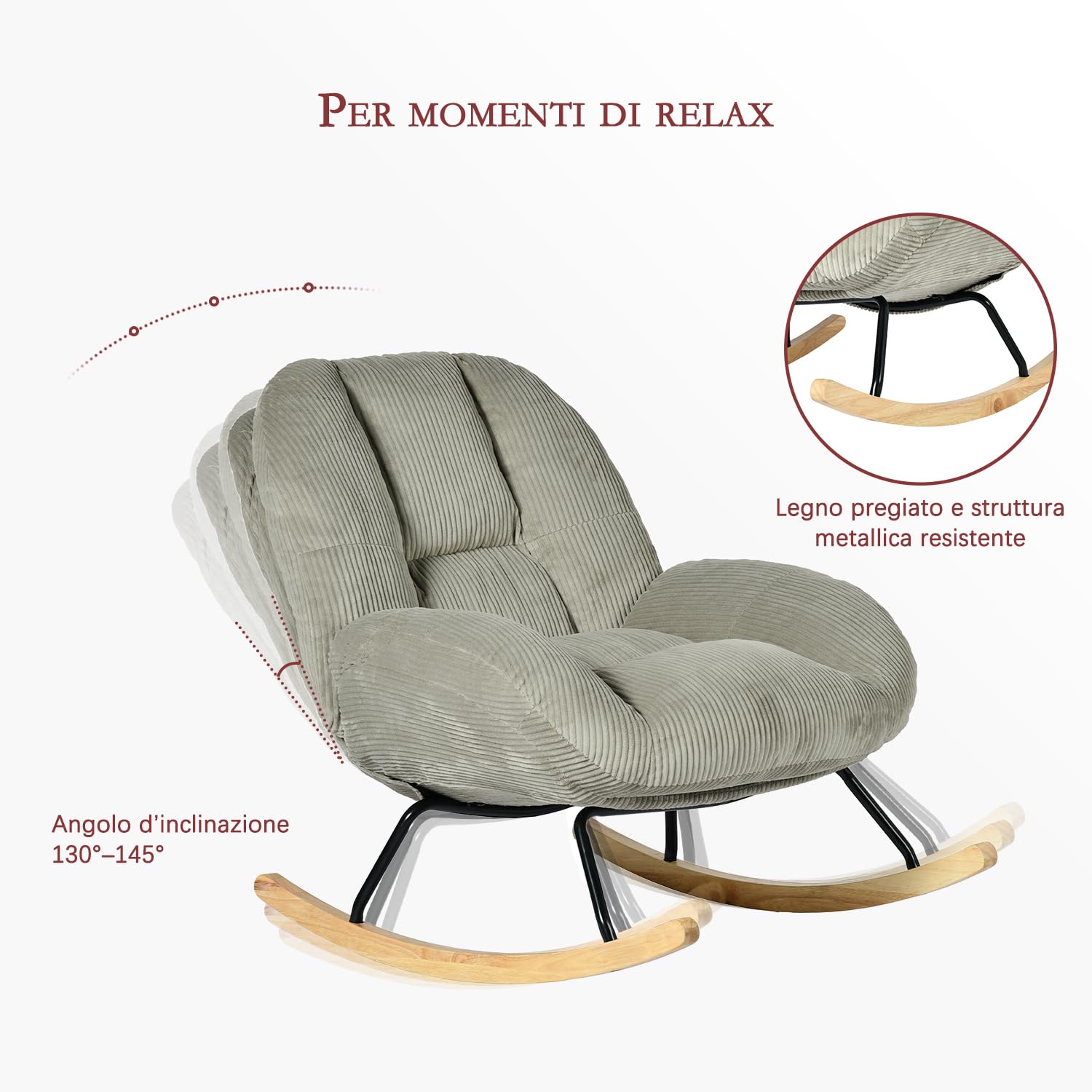 Meuble Cosy Poltrona a dondolo scandinava, in velluto a coste, sedia a dondolo per allattamento, gambe in legno di Hevea per soggiorno, camera da letto, grigio