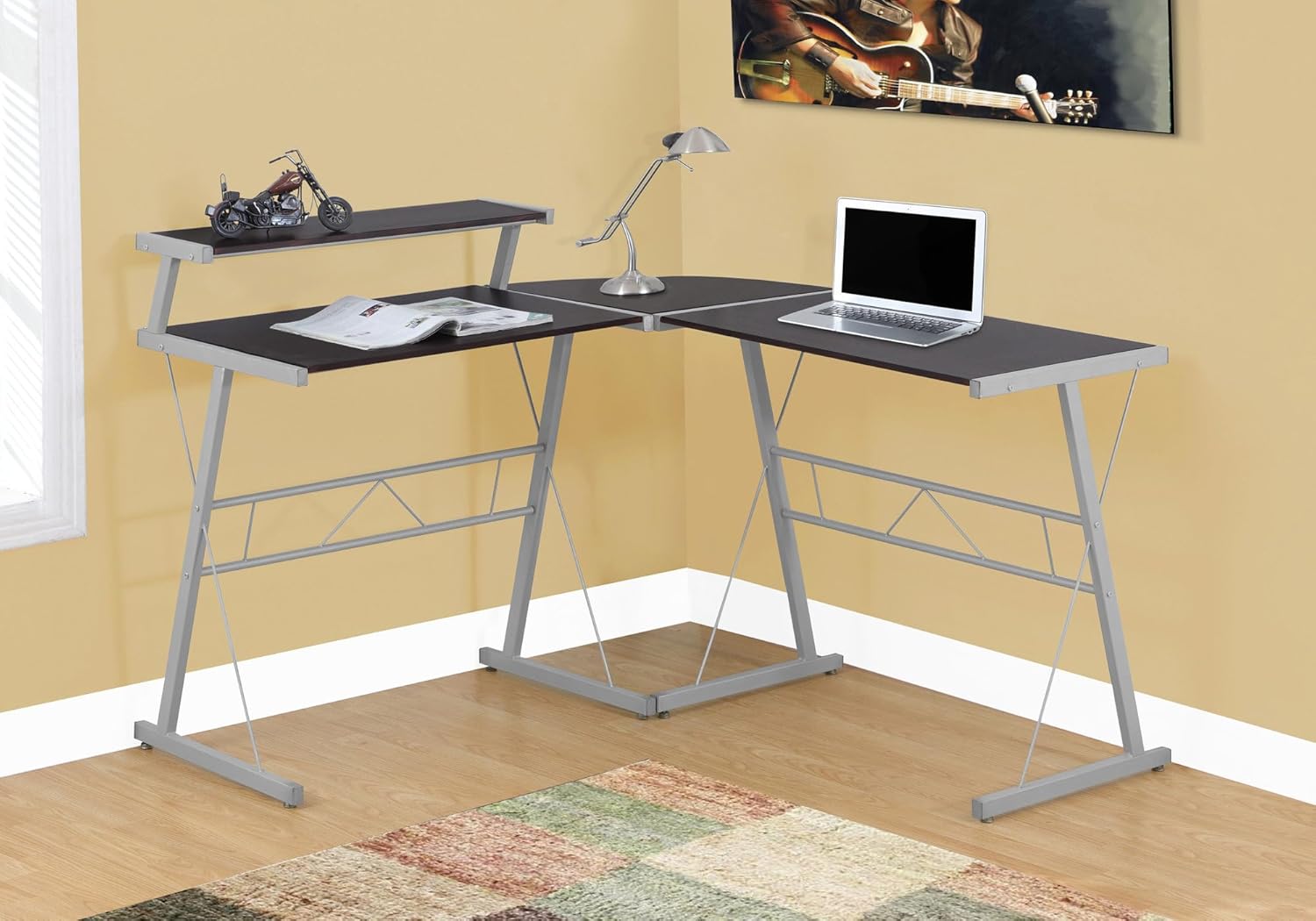 Monarch Specialties L-Shaped Corner Desk with Shelf for Home & Office, 48" L, Cappuccino-Silver Metal Legs,