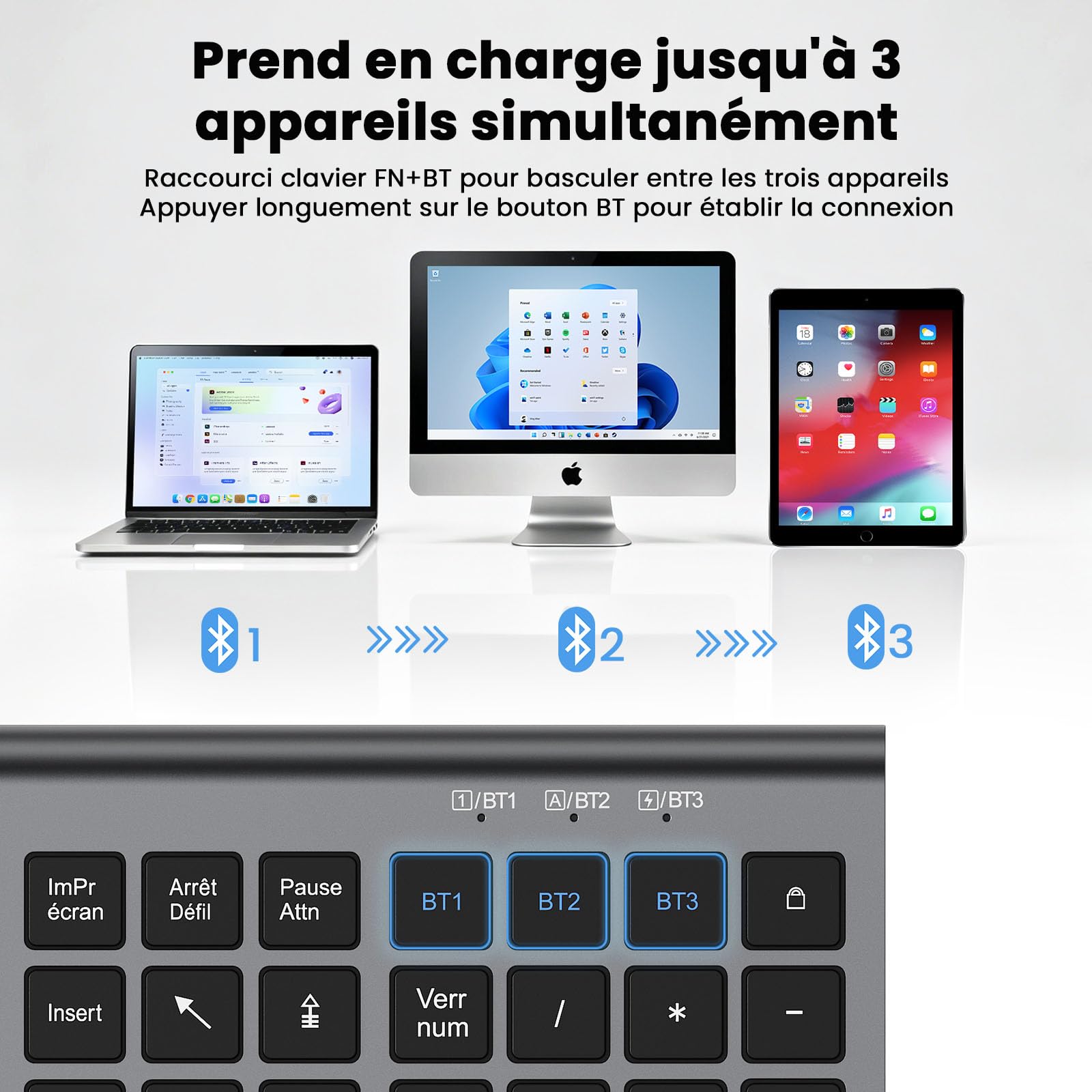 cimetech Clavier Souris sans Fil Bluetooth, Connexion BT1+ BT2+ BT3, Rechargeable, Silencieux, Ultra-Fin Clavier AZERTY, Compatible Windows/Mac OS/iPad/Android-Gris Noir