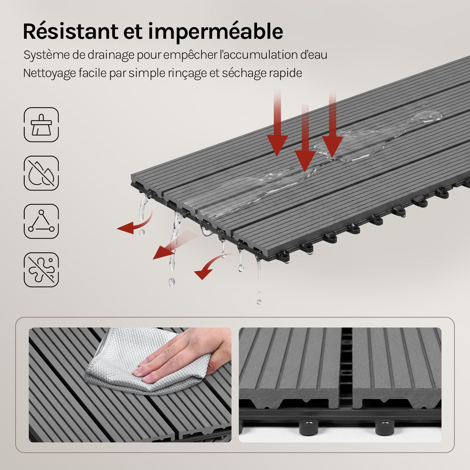 WOLTU WPC Dalle de sol Revêtement Carrelage 30x60cm pour jardin terrasse système plug-in pour fixation, Gris Clair 12 pièce / 2 m²