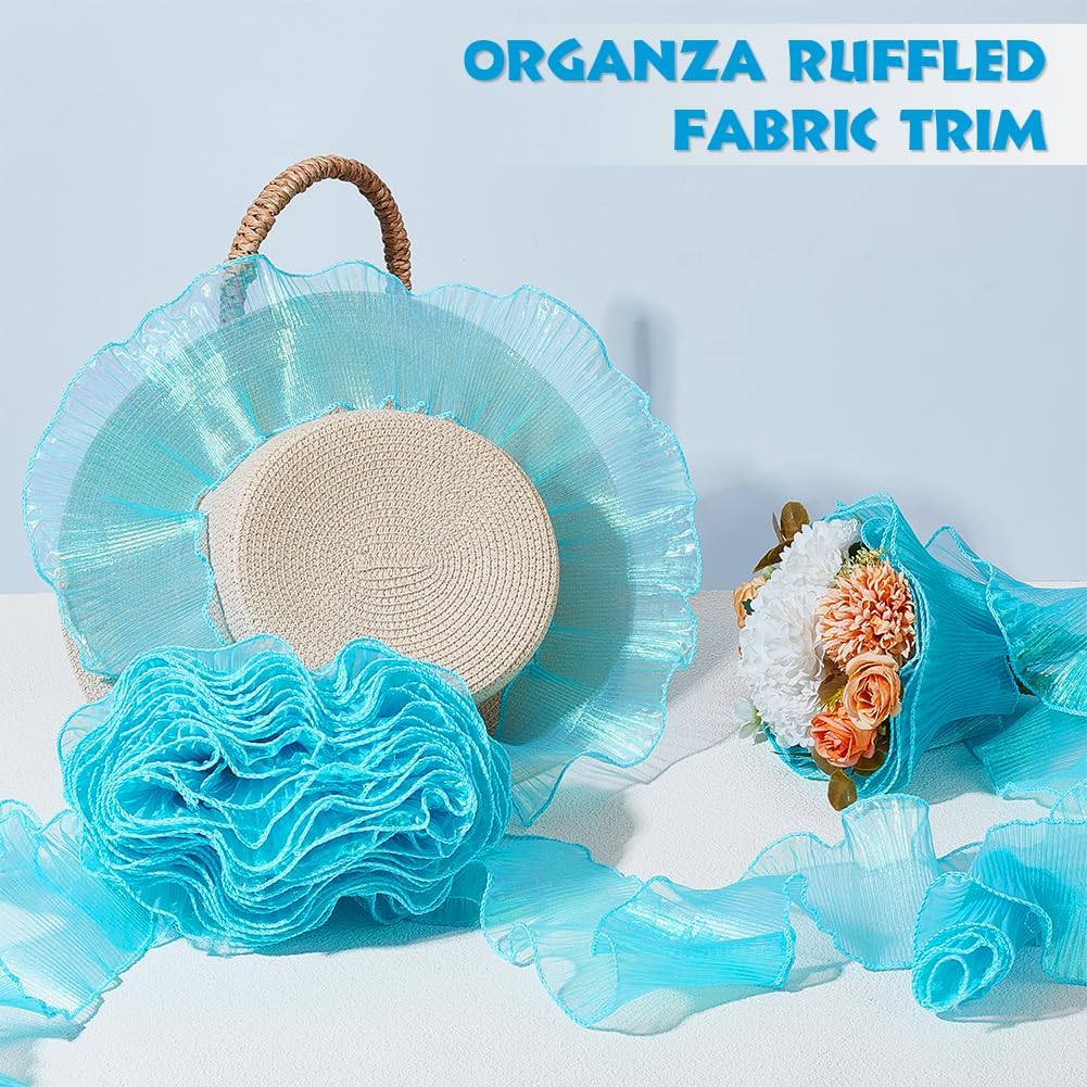 AHANDMAKER 11 Yards Turquoise Blue Ruffle Ribbon Trim Organza Ruffled Fabric 3.5 Inches Wide Vintage Fabric Lace Applique Trimming for Sewing Making Crafts Dress Curtain Wedding Costume