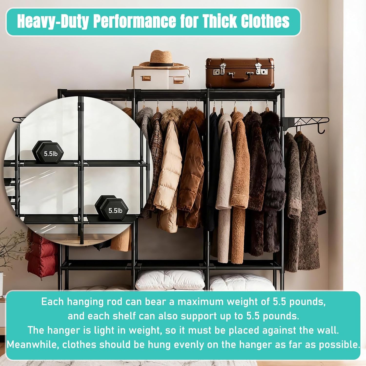 Portable Closet,Free Standing Clothes Rack,Clothes Storage Closet,Closet Racks for Hanging Clothes for Hanging Clothes with 4 Hooks,63" L X 14" W X 67" H,Easy to Assembly