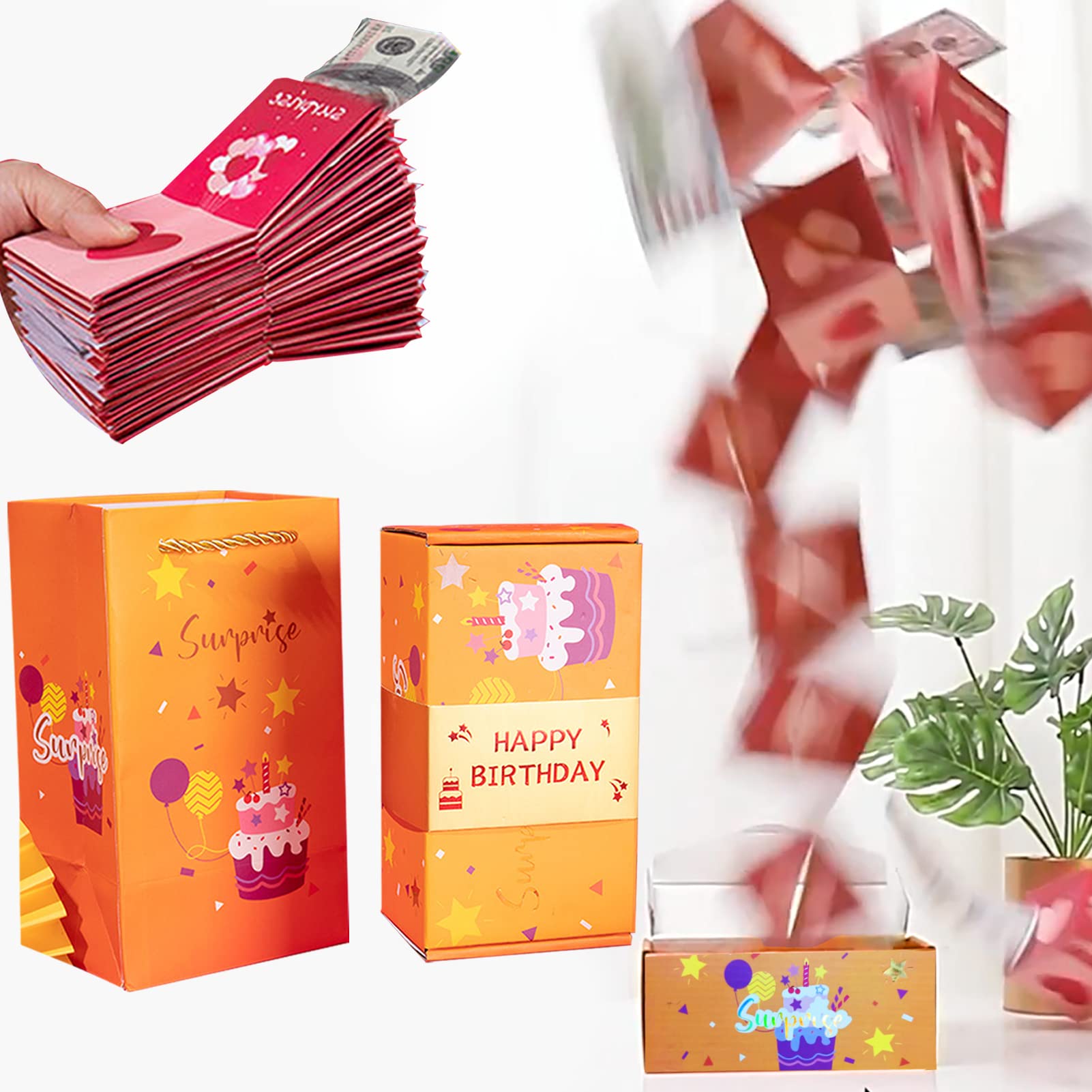 WOWNOVA Exploding Gift Box Money Pop up Surprise Birthday Prank Box, Money Roll Gift Box for Cash Gift, Chinese Red Envelope Cash Explosion Gift Box for Relatives and Friends (Yellow-Birthday)