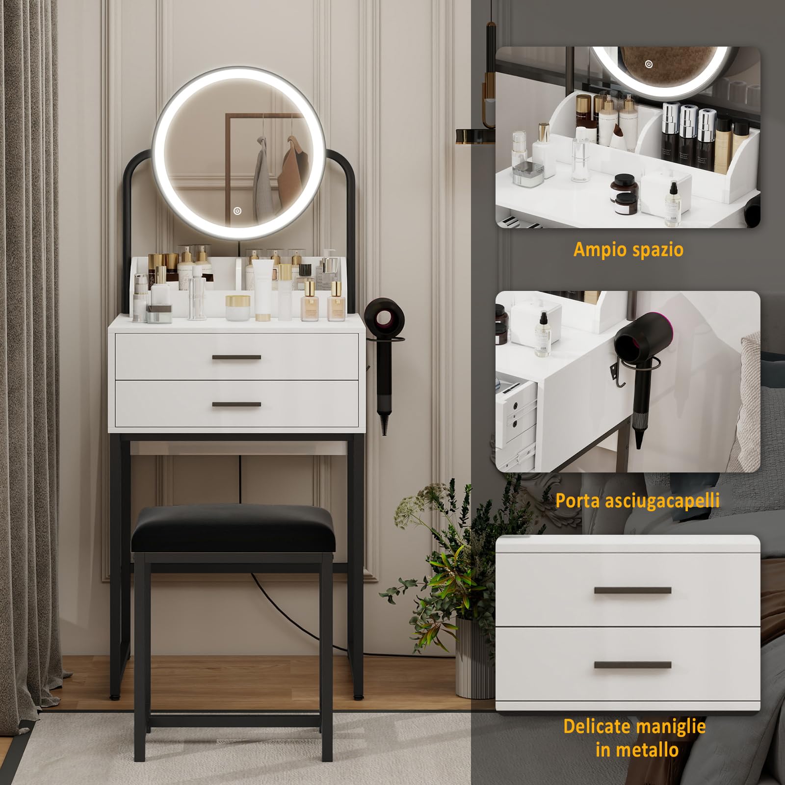 YU YUSING Toeletta Trucco con Sgabello Comodo, Scrivania Trucco con Specchio con Luce, Tavolo da Trucco con 2 Cassetti e 2 Ripiani, Set Toeletta Moderno per Camera da Letto, Bianco e Nero