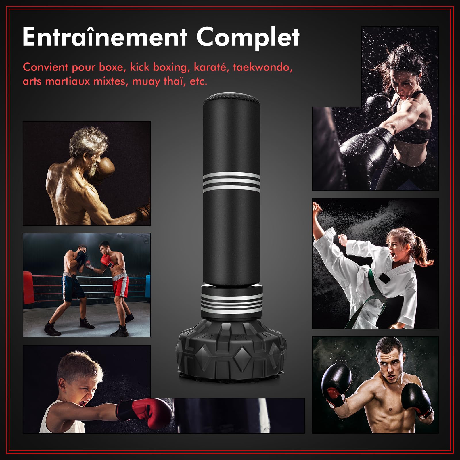 COSTWAY Sac de Frappe sur Pied 170 cm, Sac de Boxe Lourd Autoportant avec Ventouses Rebond Rapide, Support pour Adultes Adolescents Enfants, Équipement pour Boxe Kick-Boxing Arts Martiaux