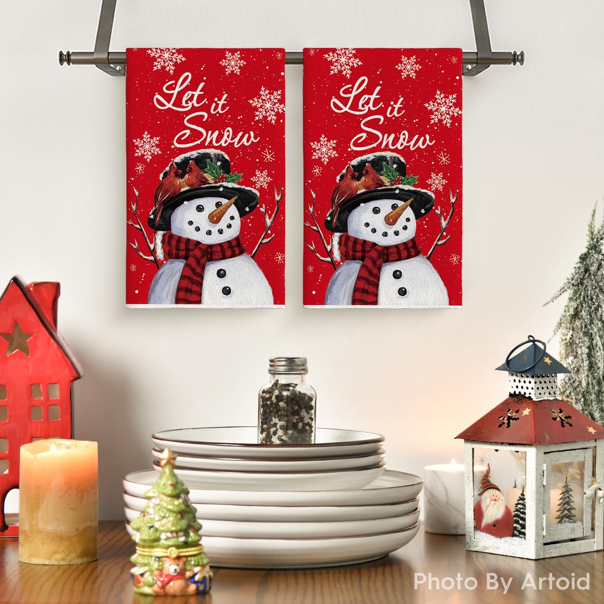 Artoid Mode Red Snowman Let It Snow Winter Kitchen Towels Dish Towels, 18x26 Inch Seasonal Christmas Decoration Hand Towels Set of 2