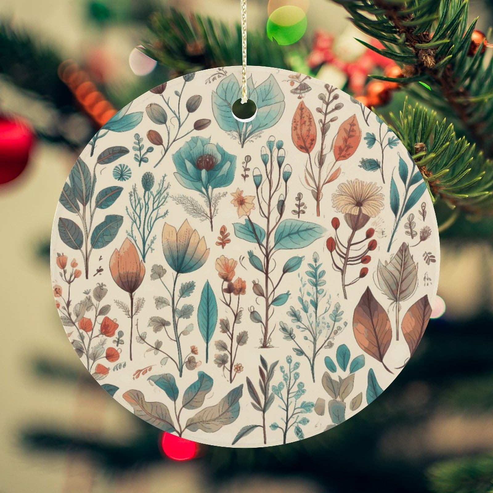 Flowers and Leaves Christmas Ornament for Christmas Tree Ceramic Round Ornament Winter Holiday Keepsake Gift 2.7" Christmas Tree Hanging Decorations Circle Ceramic Pendant Xmas Gift