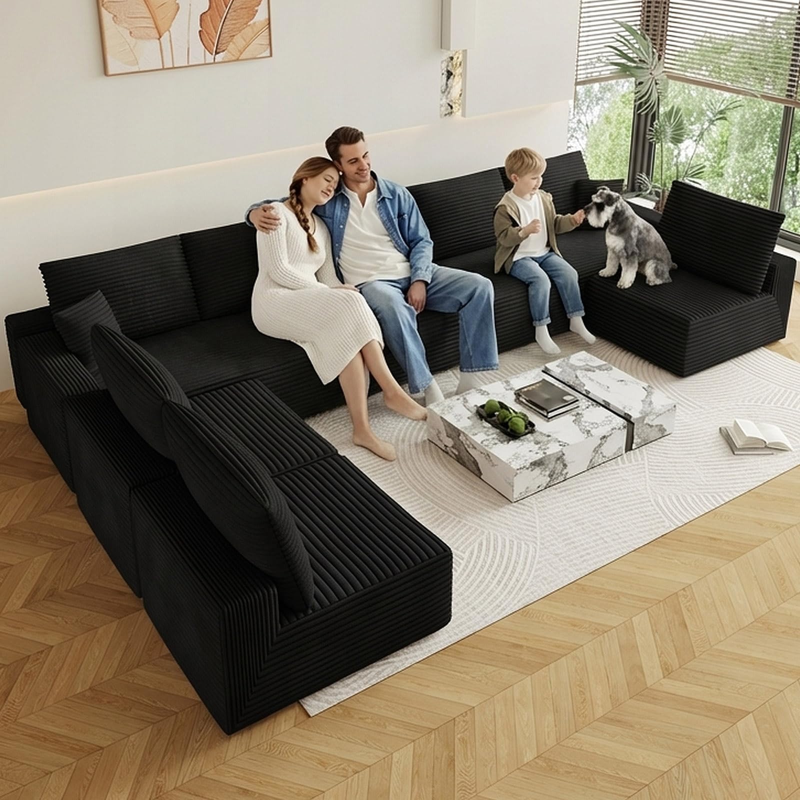 Oversized Modular Sectional Sofa Couch, Large 8 Seater Corner Sofa Modern U Shaped Sectional Couch Cloud Couches for Living Room, Office, Spacious Space, Corduroy, No Assembly Required, Black