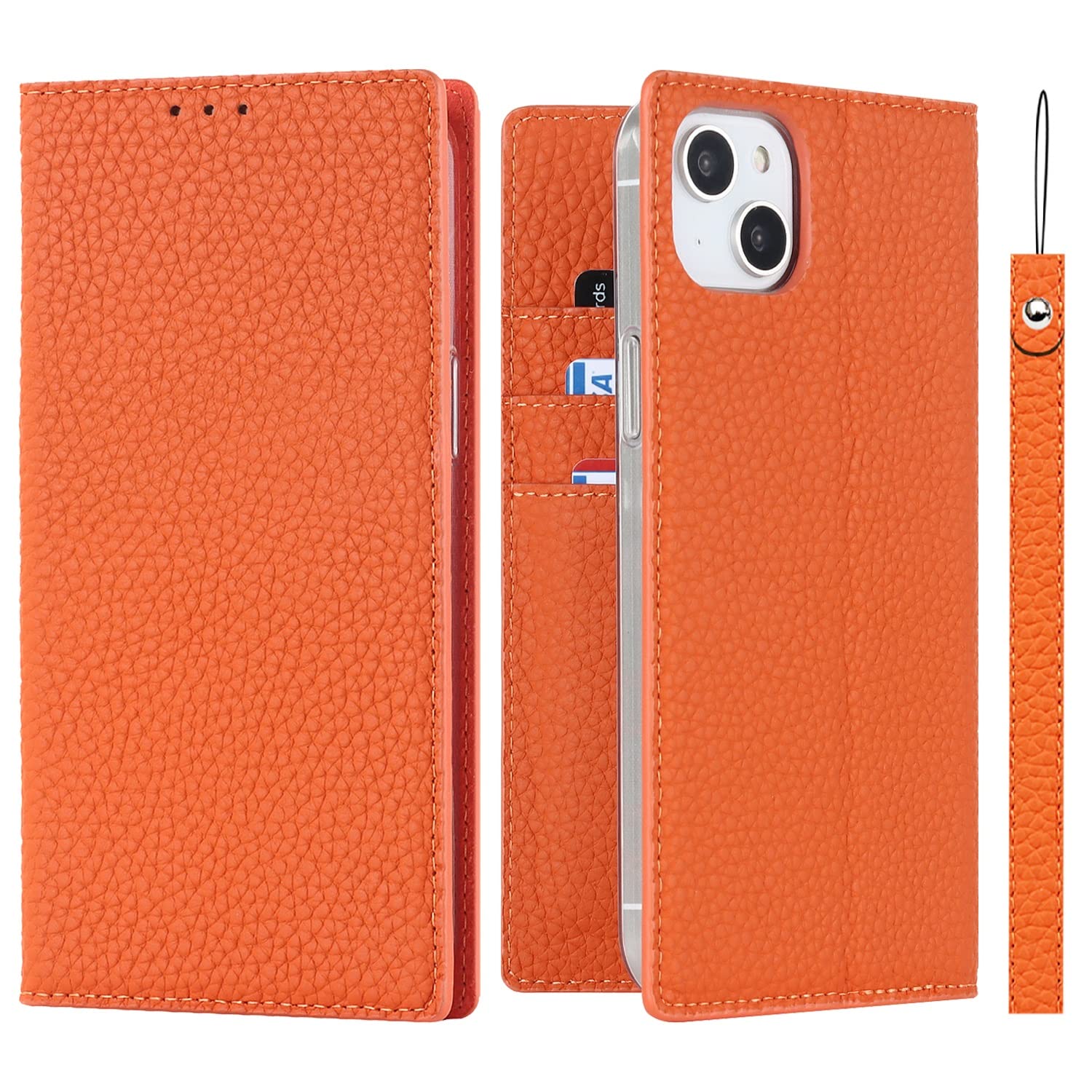 iCoverCase for iPhone 15 Plus Wallet Case, RFID Blocking Genuine Leather Magnetic Case with Wrist Strap and Card Slots Kickstand Feature Flip Cover Case 6.7 Inch (Orange)