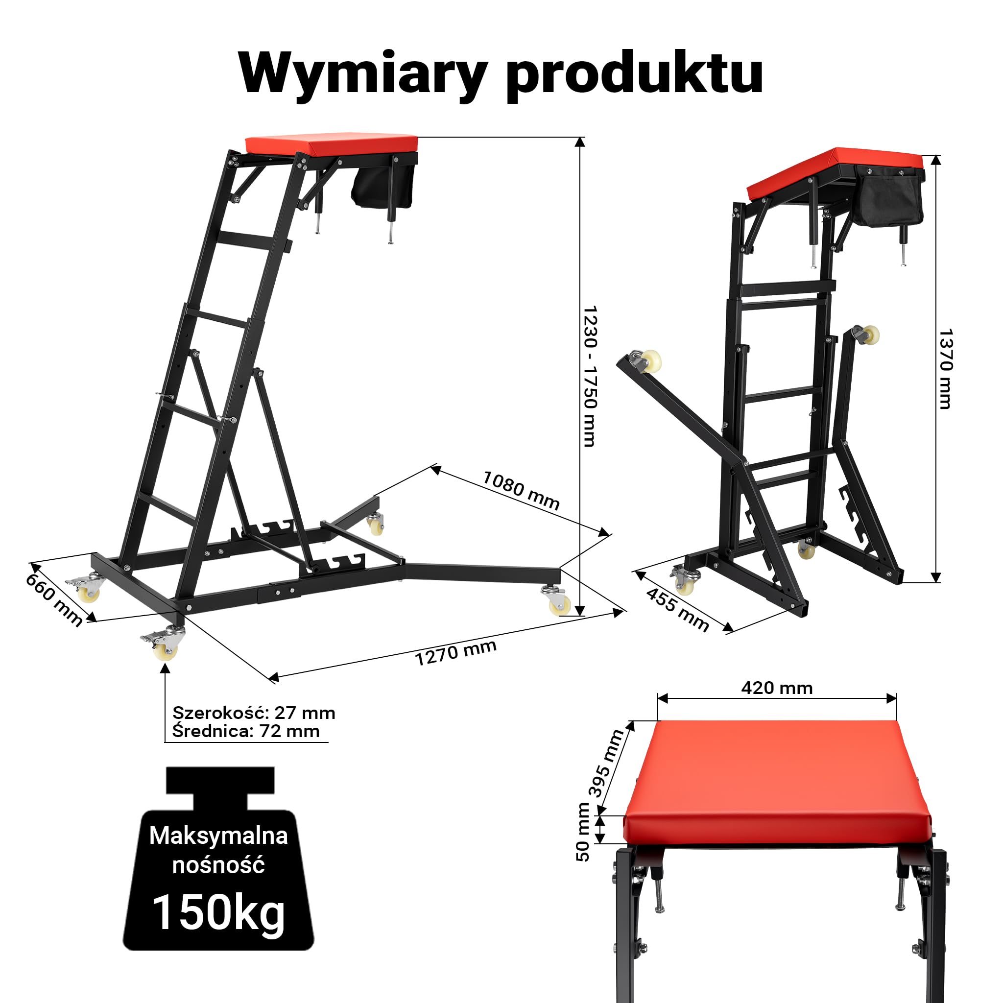 Wiltec Regulowany taboret warsztatowy do 150 kg, mobilna platforma montażowa z regulacją wysokości, stołek roboczy do warsztatu samochodowego z torbą i kółkami