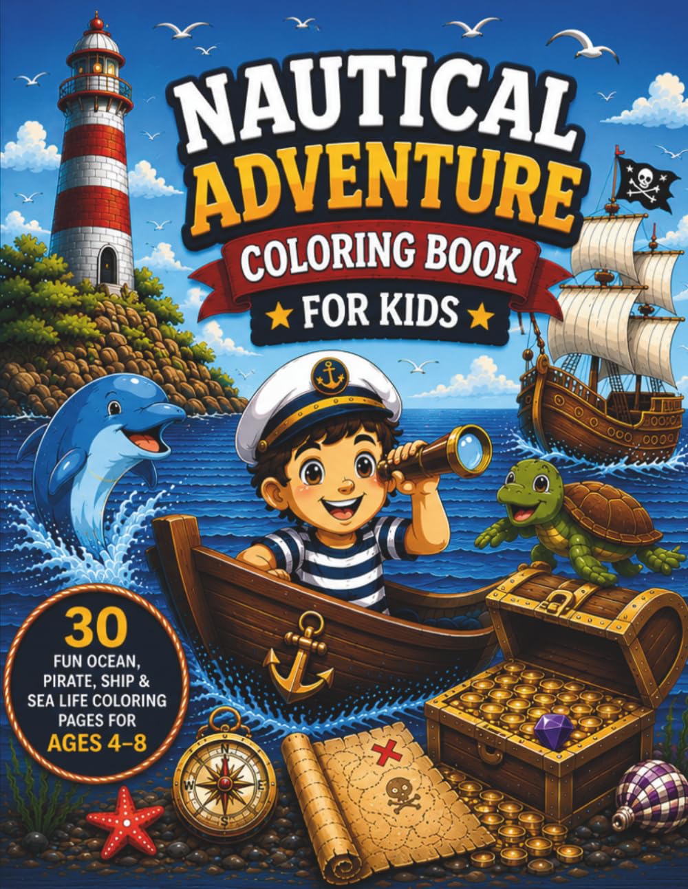 Nautical Adventure Coloring Book for Kids: 30 Fun Ocean, Pirate, Ship & Sea Life Coloring Pages for Ages 4–8