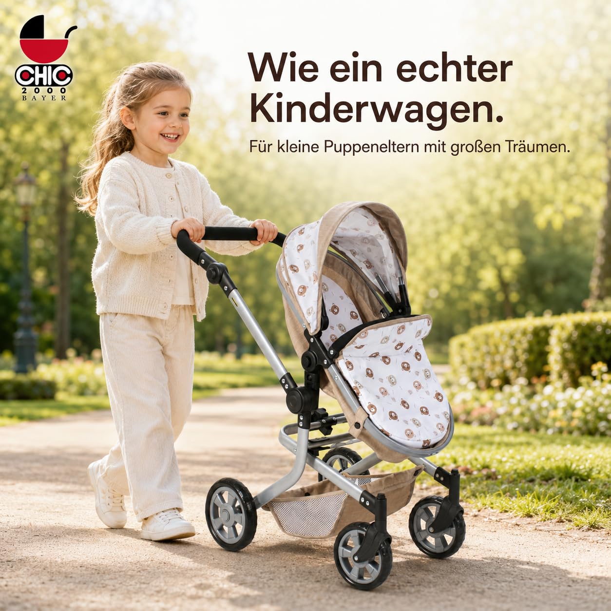 Bayer Chic 2000 Wózek dla lalek Mika, wózek 2 w 1, dla dzieci w wieku od 4 do 8 lat, wózek dla lalek do 52 cm, beżowe misie | Duży wózek dla lalek kombi 2 w 1 z regulowanym fotelem sportowym dla lalek do 52 cm. Beżowy miś, uchwyt 47-80 cm, od 3 lat