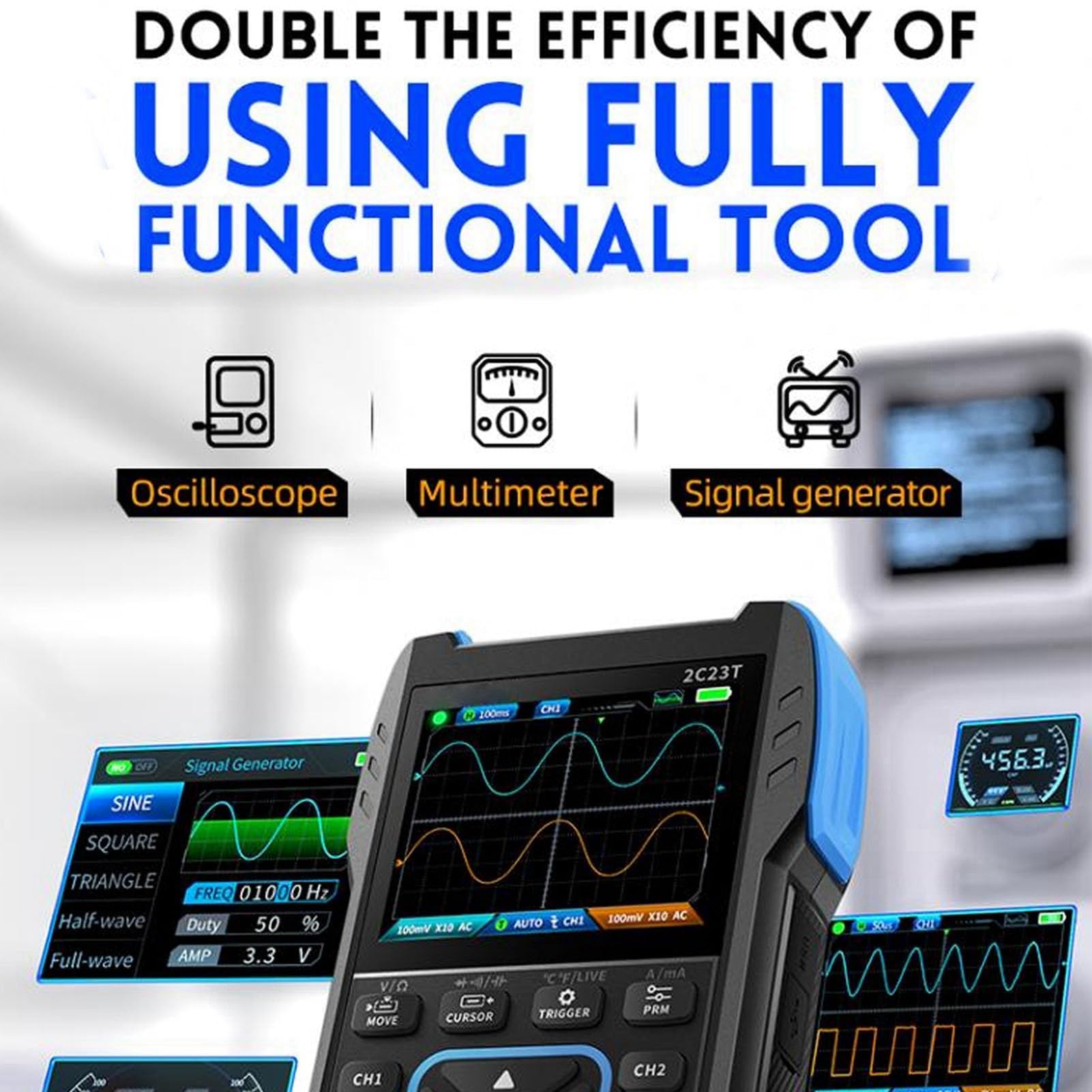 Ejoyous Multímetro de Osciloscopio, 2C23T Generador de Forma de Onda Multifuncional 3 en 1 Generador de Señal Manual Ancho de Banda de 10 MHz, Frecuencia de Muestreo de 50 MS/s 2 Canales