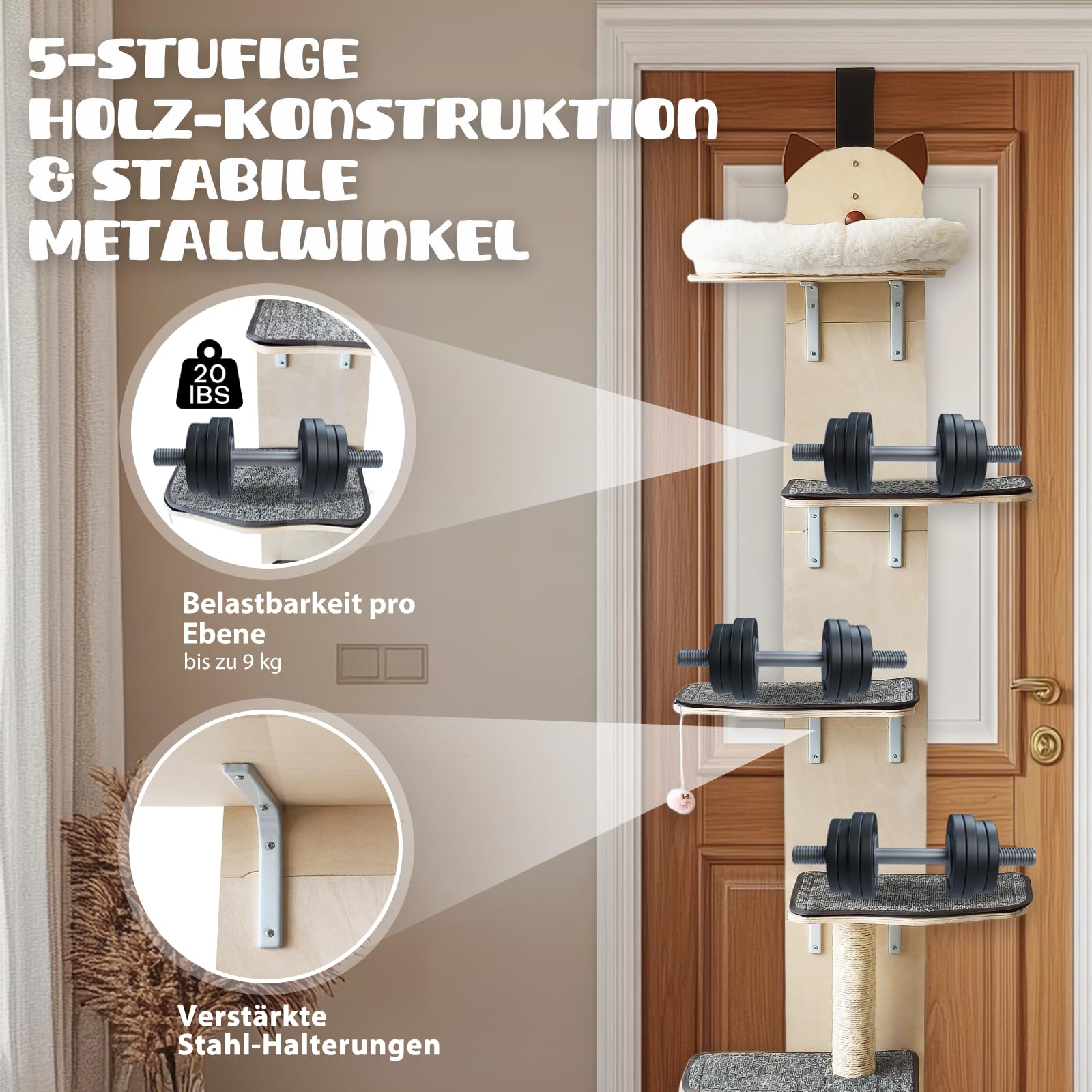 5‑stufiger Tür‑Kletterbaum für Katzen – Vertikaler Katzenbaum mit vollflächig textilbezogenen Plattformen und Kratzbaum für kleine bis mittelgroße Katzen