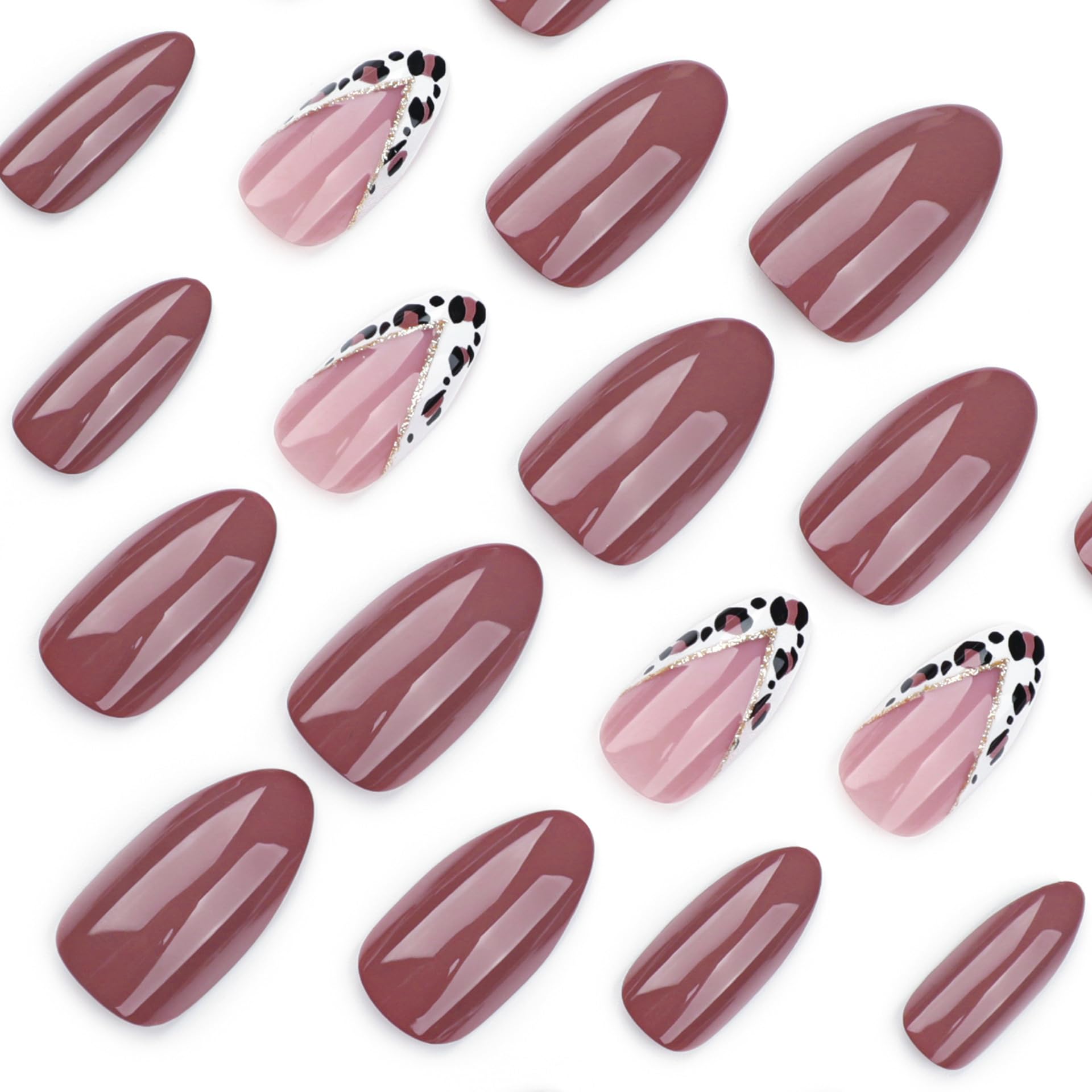SXVME Fall Mauve False Nails with French Tip Leopard Design, Soft Gel Press on Nails Short Almond - Image 4