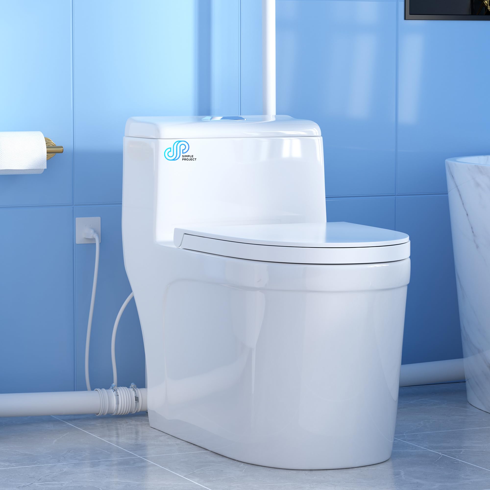 Simple Project 1000W Macerating Upflush Toilet System – For Basements, Dual Flush, 4 Water Inlets, Quiet Operation, Space-Saving With Extension Pipe