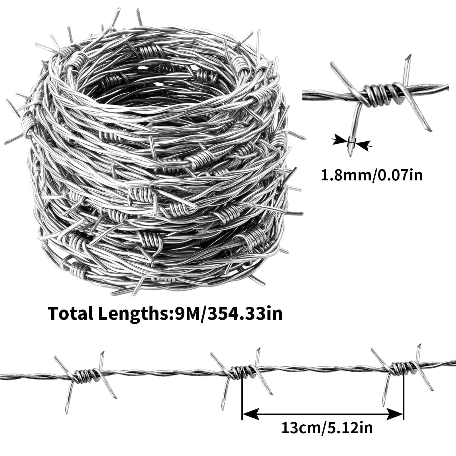 Mbsomnus Drut kolczasty 1,8 mm x 9 m, rolka z drutu kolczastego, ocynkowana ogniowo, z rękawiczkami, kolce, na pastwisko, ogrodzenie, ogrody, balkon, podwórko, ściany, DIY, rękodzieło, kij baseballowy