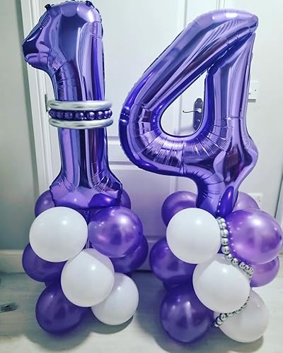 Miniatura 3 de Globos morados gigantes de 40 pulgadas con el número 14, globos de helio de papel de aluminio para fiesta de cumpleaños de 14 años, decoraciones de