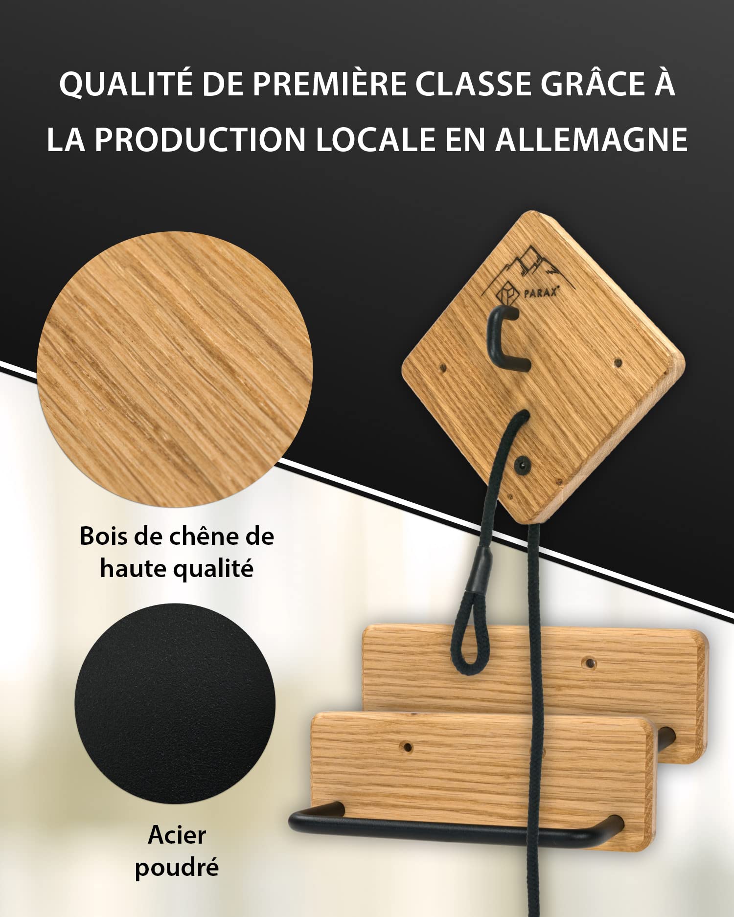 Support de vélo PARAX - Support Mural pour vélo - Rangement de vélo intérieur - pour VTT, vélo électrique, vélo de Ville, vélo de Course, vélo Gravel - jusqu'à 35 kg - en Bois