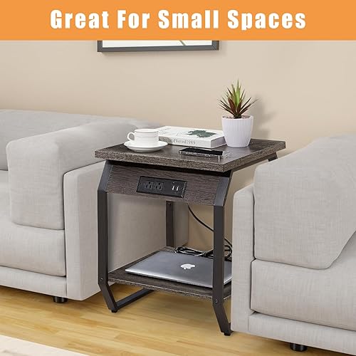 Miniatura 7 de Juego de 2 mesitas de noche con estación de carga, con puertos USB y tomas de corriente para espacio pequeño en sala de estar, dormitorio, balcón,