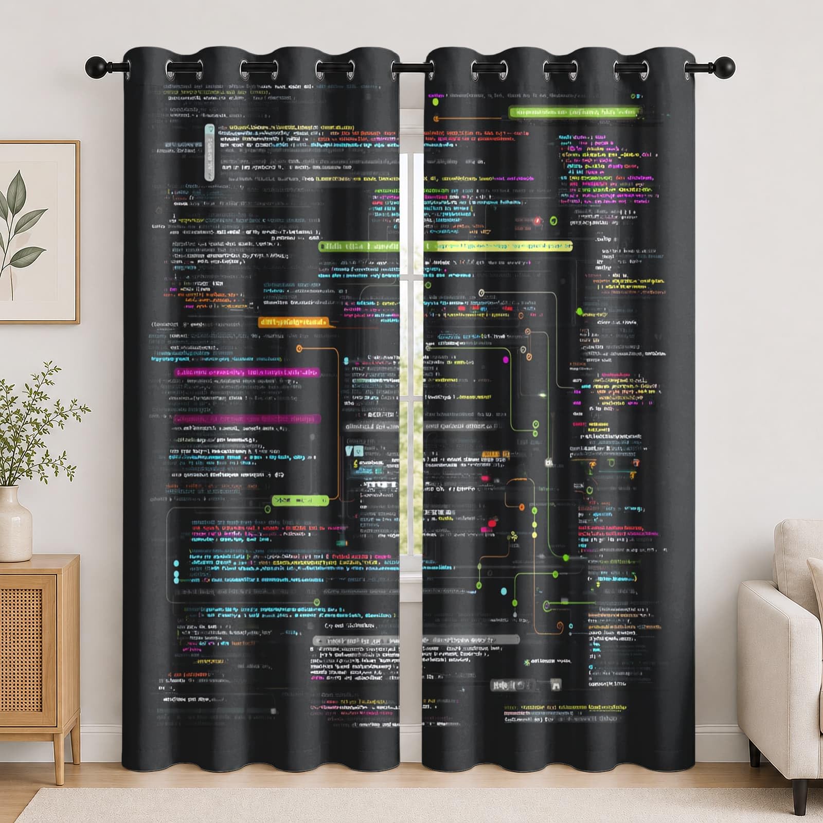 Genérico Aislantes Cortinas Opacas para NiñOs 140An x 260Al cm (2 Paneles), Tema Tecnología Digital PoliéSter Cortinas Privacidad Negro Cortina con Ojales para Sala de Estar y Dormitorios