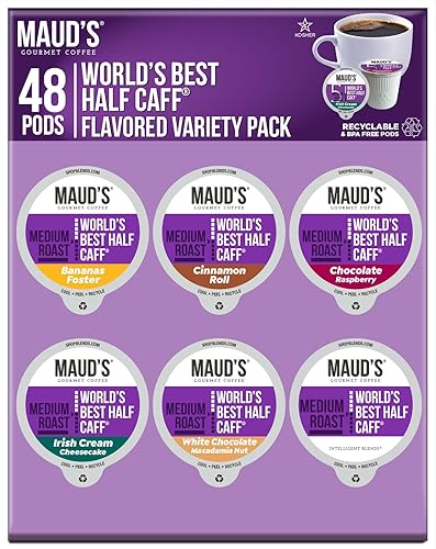Mauds Worlds Best Half Caff - Paquete de variedades 6 sabores 48 quilates producción de energía solar reciclable de una sola porción con sabor a