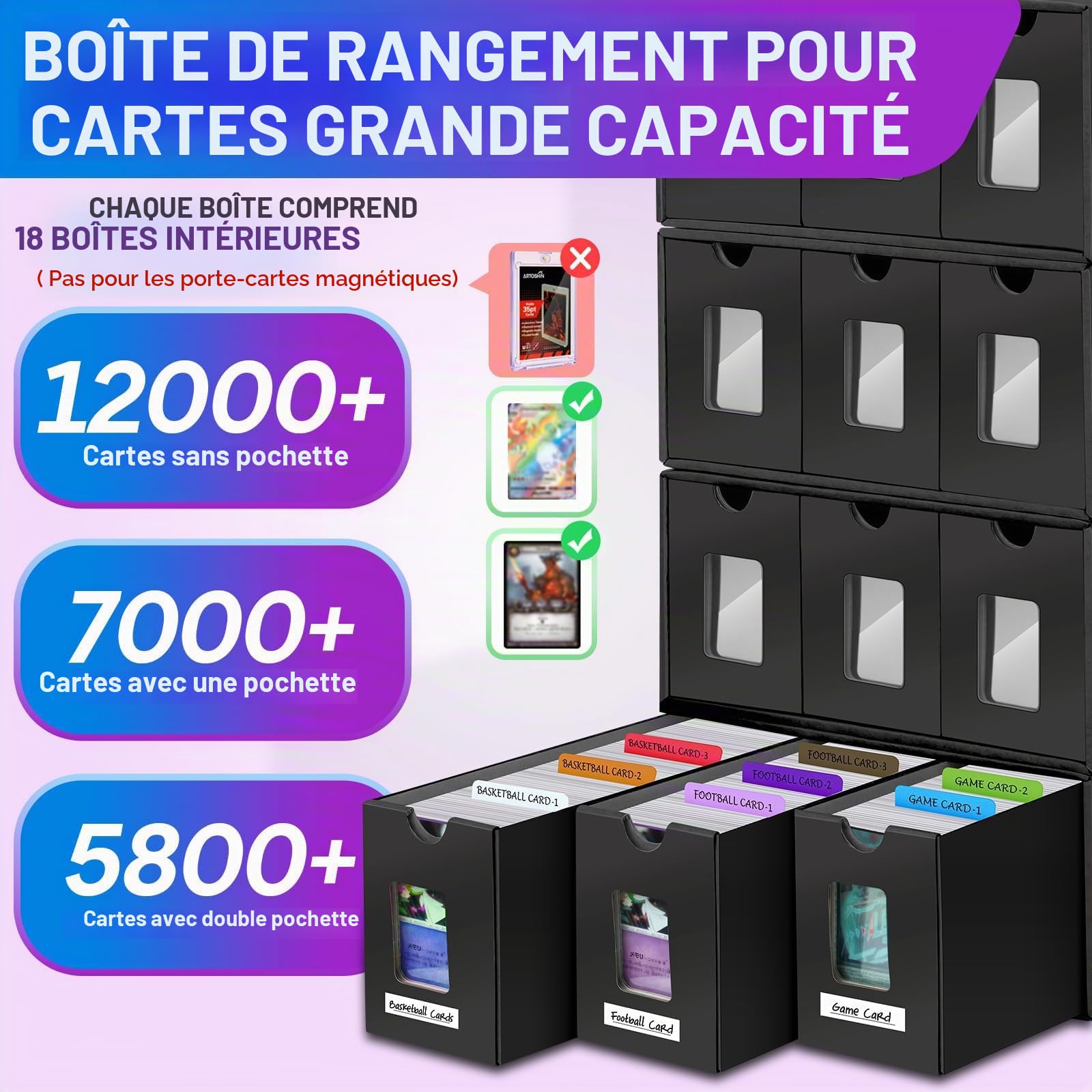 Boîte de Rangement pour Cartes à Collectionner 18000+ Cartes, Avec 60Pcs Séparateurs,Etiquettes et Ruban Adhésif,Boîte à Cartes pour cartes TCG, MTG, PTCG