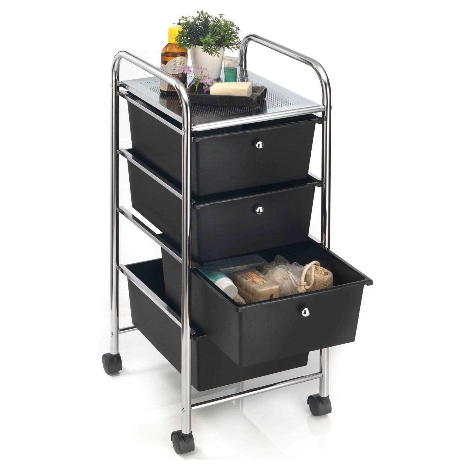 IDIMEX Badregal Rollwagen Rollcontainer GINA, mit 4 schwarzen Schubladen und Metallgestell in Chrom