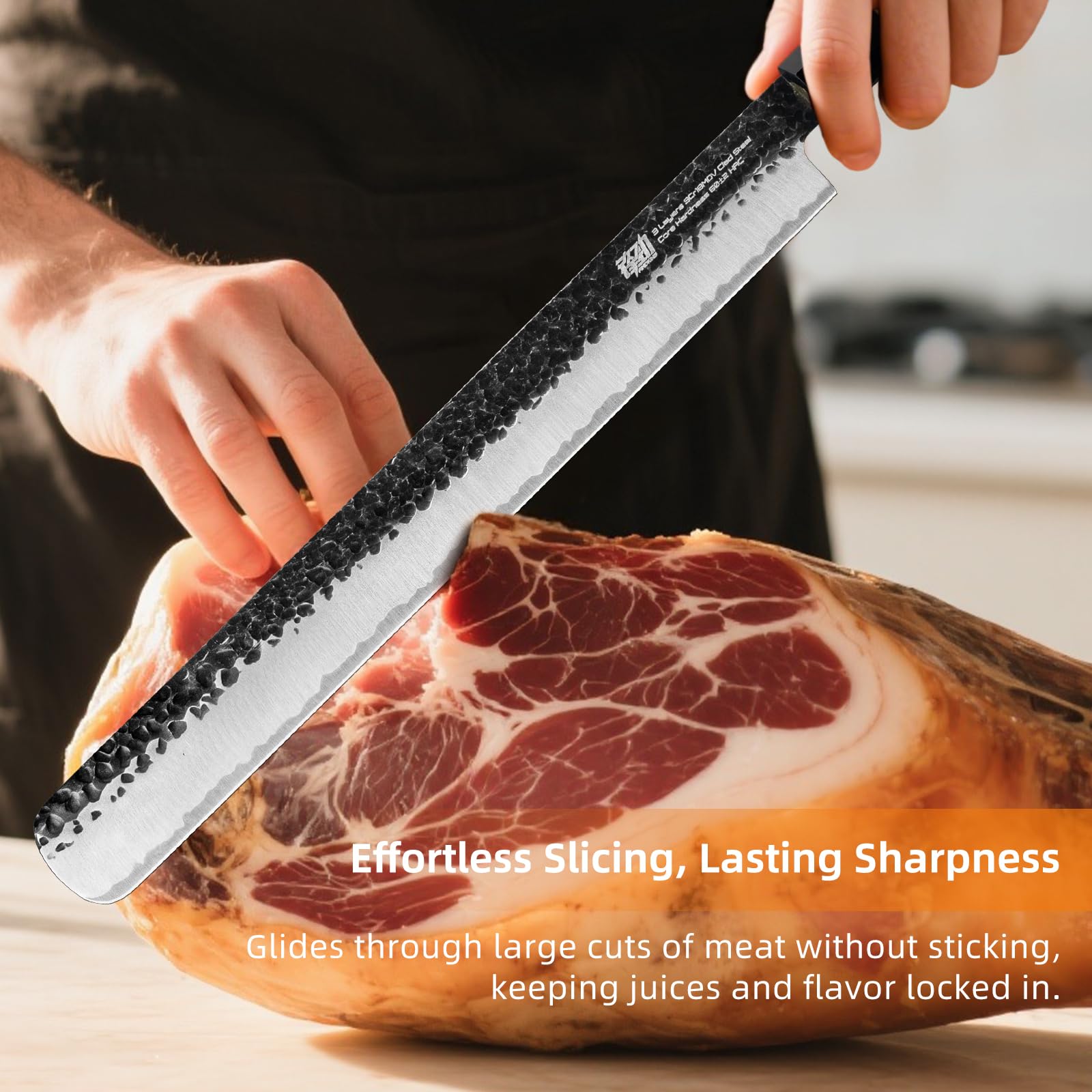 FINDKING Couteau à Jambon 12 Pouces (31 cm), Lame Tranchante en Acier Carbone 9Cr18MoV, Parfait pour la Découpe de Viande, Idéal pour le Barbecue, Série Dynasty