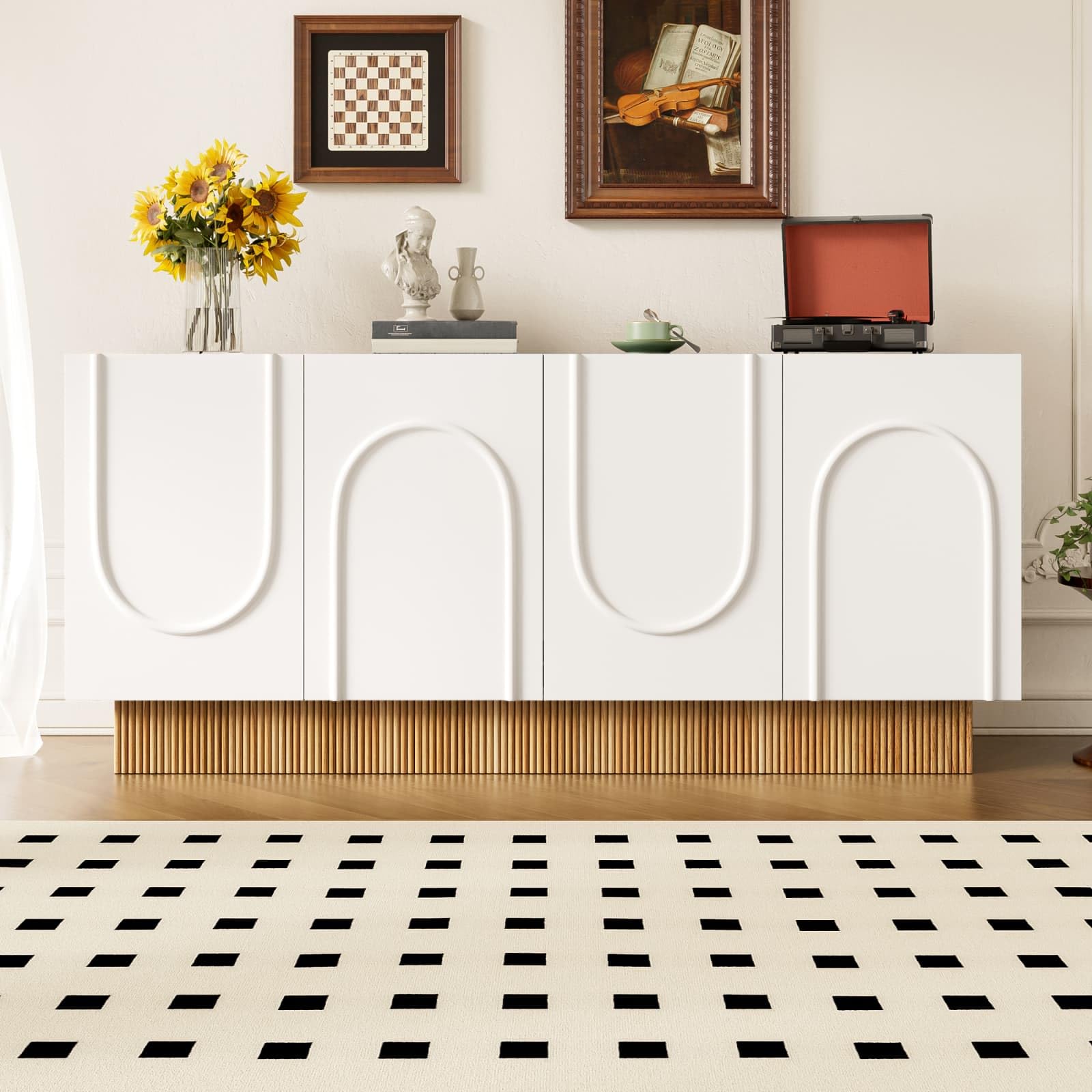 Buffet à 4 Portes avec Motif en U, Espace de Rangement, 160cm Sideboard avec Base Aspect Bois, Meuble de Rangement pour Salon, Salle à Manger ou entrée