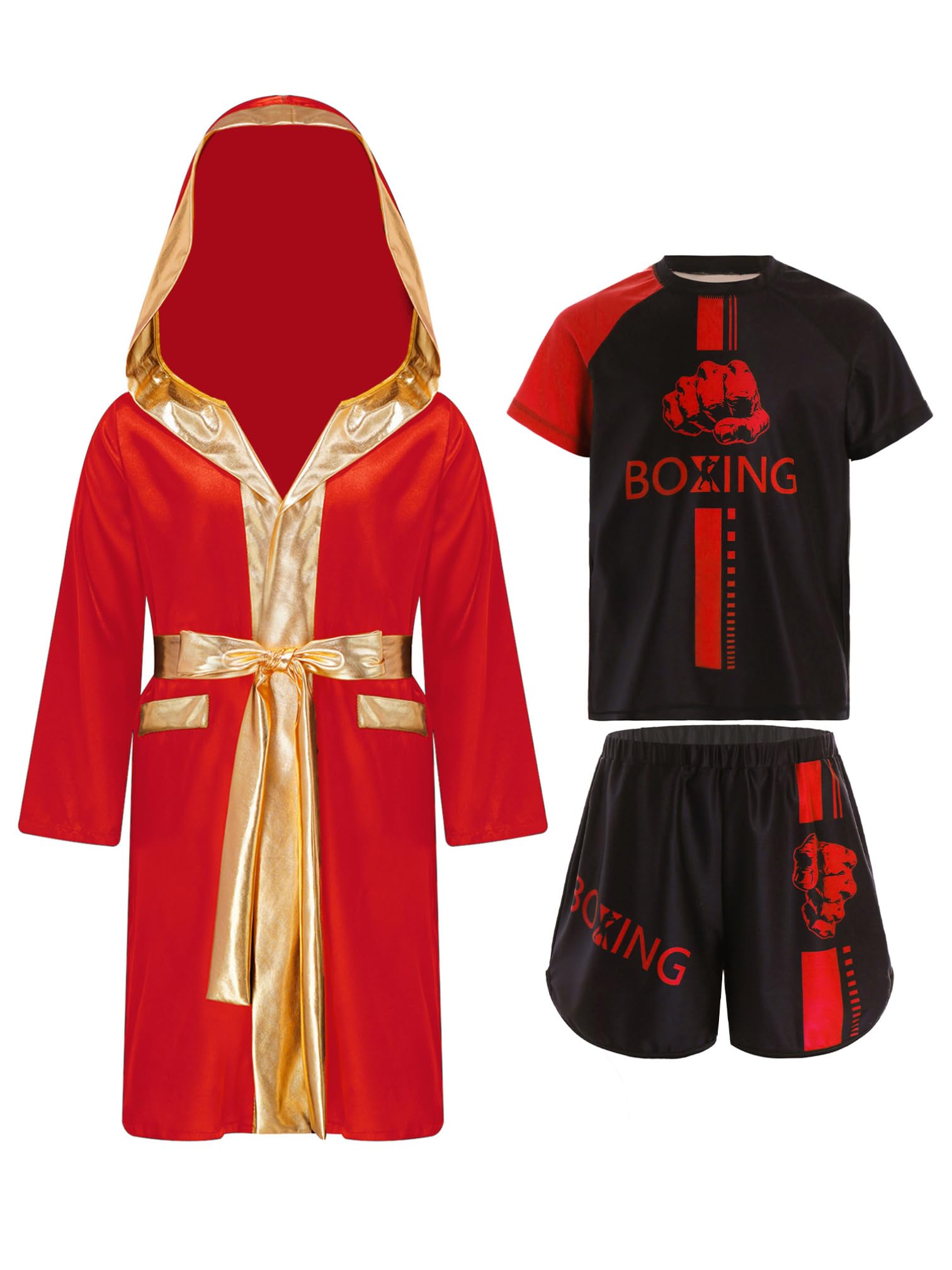 MSemis Kids Boys Boxing Uniform 3 Piece Satin Hooded Boxing Robe with Belt and Sports T-shirts Shorts Set Red 5-6 Years — image 1