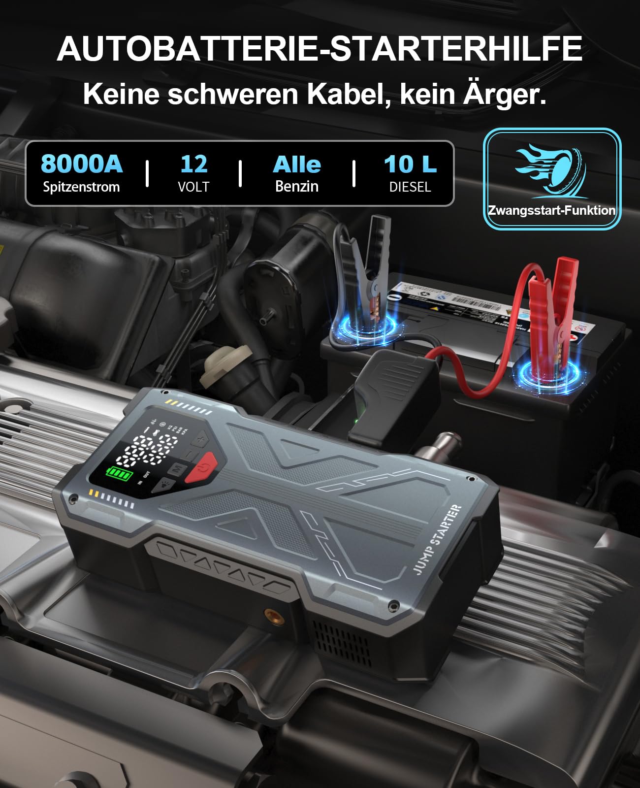 Starthilfe Powerbank 8000A für PKW, Auto Starthilfe mit Kompressor 150PSI, 12V Batterie Booster Jumpstarter für Alle Benzin/10L Diesel mit LED Display & Starterkabel, Frauen