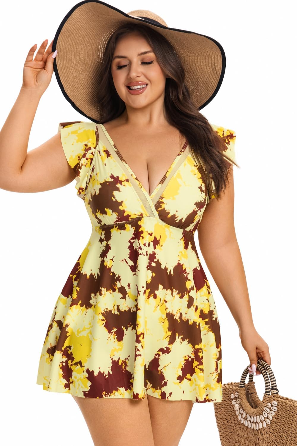 COCOPEAR Plus Size Swimsuit for Women Mesh Swim Dress Ruffle Swim Suits Tummy Control V Neck Bathing Suit Skirt