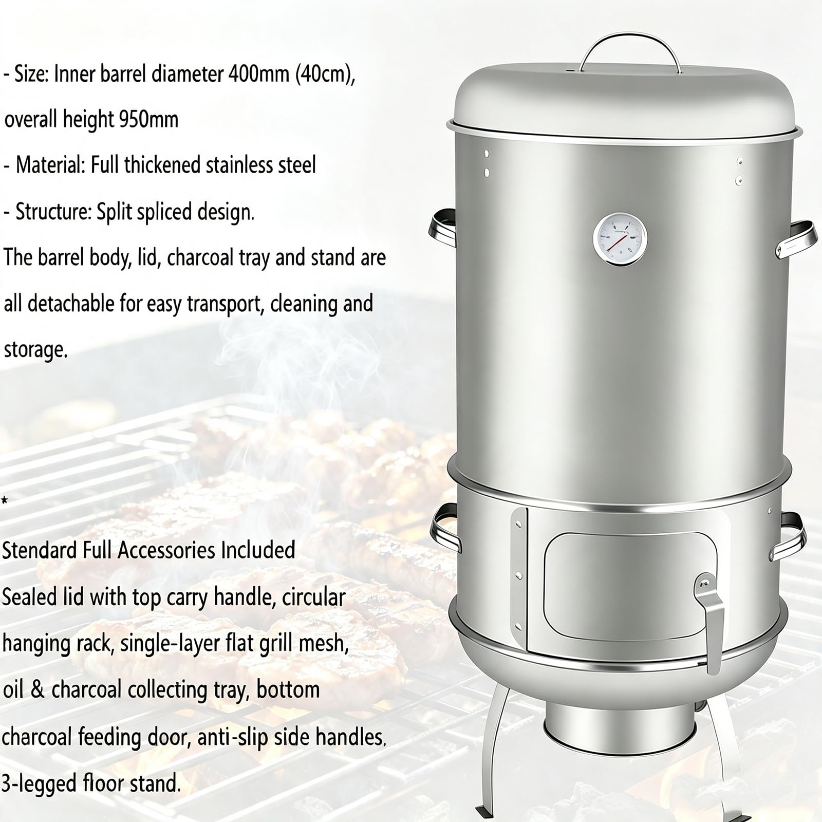 Barbecue A Carbone 3 in 1 con Termometro | Barile Arrostire Carne, Pollame Intero, Spiedini Circolari, Griglia Piatta, 3 Modalità Cottura, Ideale Per Patio E Campeggio