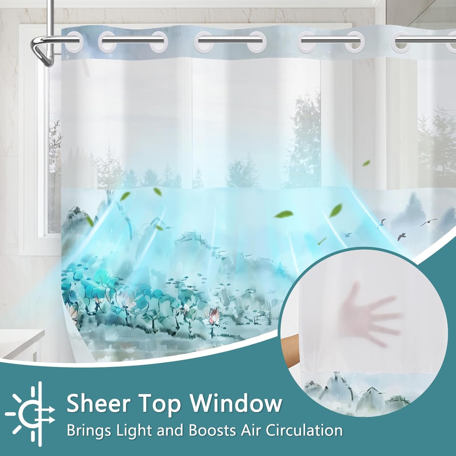 No Hook Shower Curtain with Snap in Liner, Ink Lotus Design Shower Curtains for Bathroom Decor, Double-Layer Waterproof Shower Curtain with Sheer Top Window and Weighted Bottom Hem, 71x74 Inches