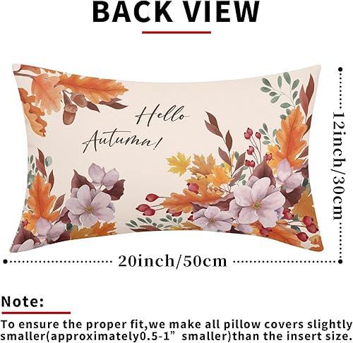 Miniatura 3 de Hello Autumn - Juego de 2 fundas de almohada lumbar de hojas de otoño naranjas de 12 x 20 pulgadas, diseño de hojas florales de Acción de Gracias,