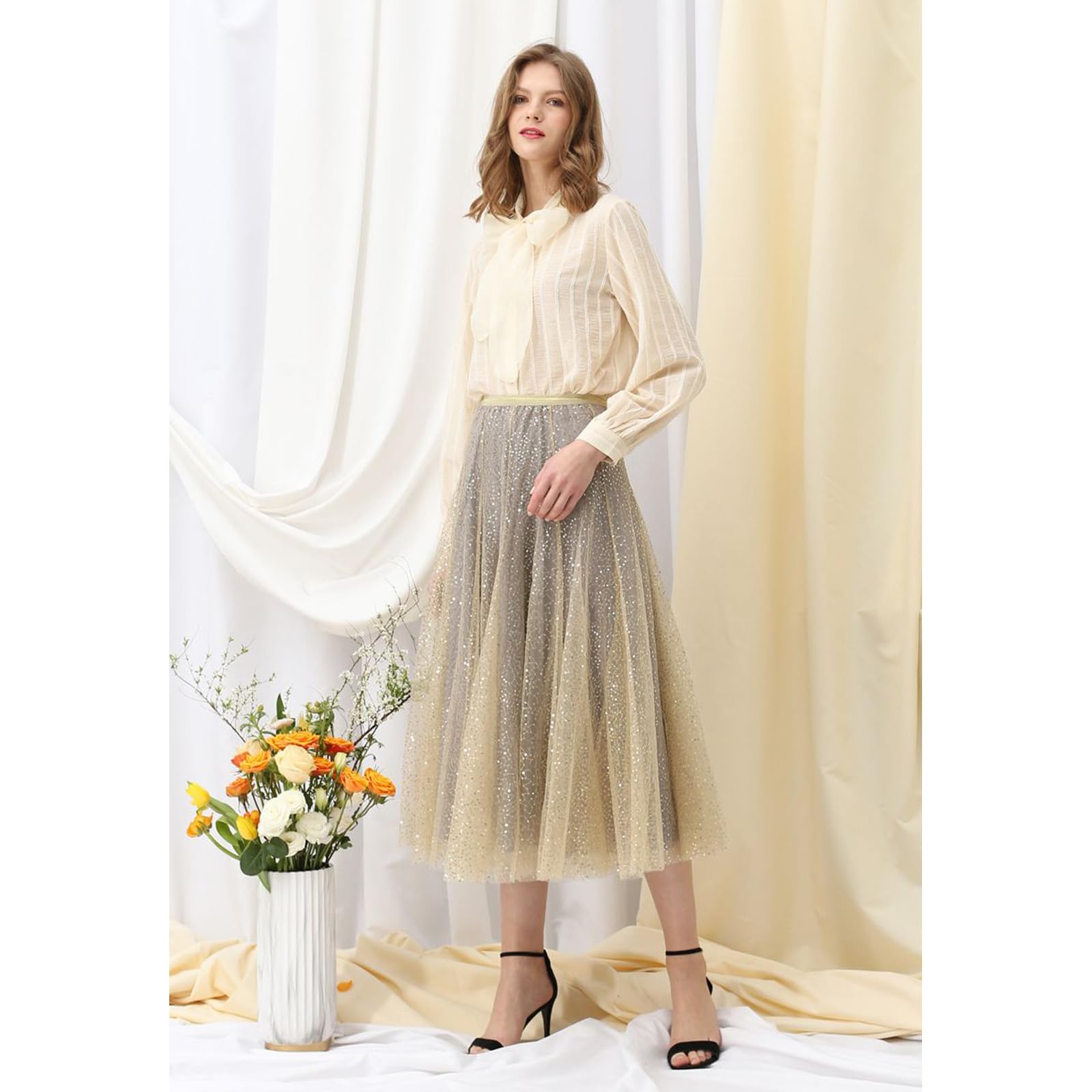 CHICWISH Faldas de tul con lentejuelas para mujer, cintura elástica, plisada, falda midi con capas brillantes, faldas tutú de hadas
