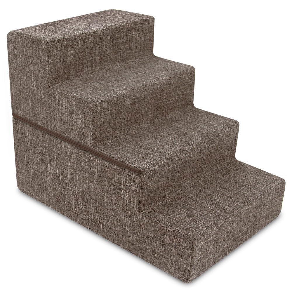 Best Pet Supplies Dog Stairs &amp; Steps - Foam Steps for Small Dogs &amp; Cats, Non-Slip Indoor Balanced Pet Step Support, Dog Ramp, No Assembly, Brown Linen, Foldable 4-Step (22-inch Height)