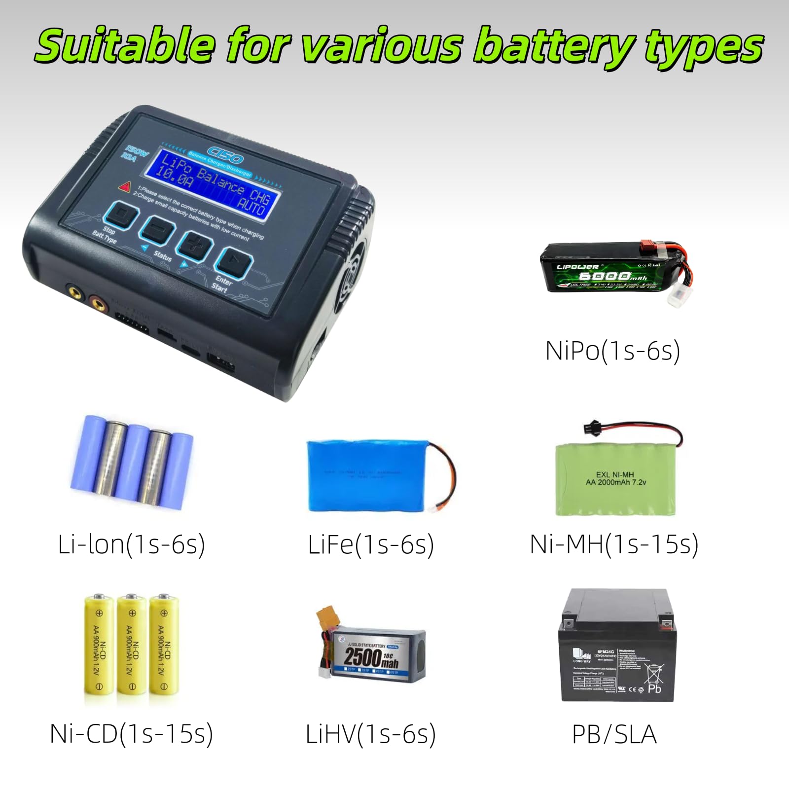 Ładowarka C150 150 W 10 A, inteligentna, rozładowująca, ładowarka RC do akumulatorów LiPo Li-ion LiFe LiHV NiMH NiCd PB, ze sterowaniem za pomocą ekranu LCD, wieloma interfejsami i portem USB