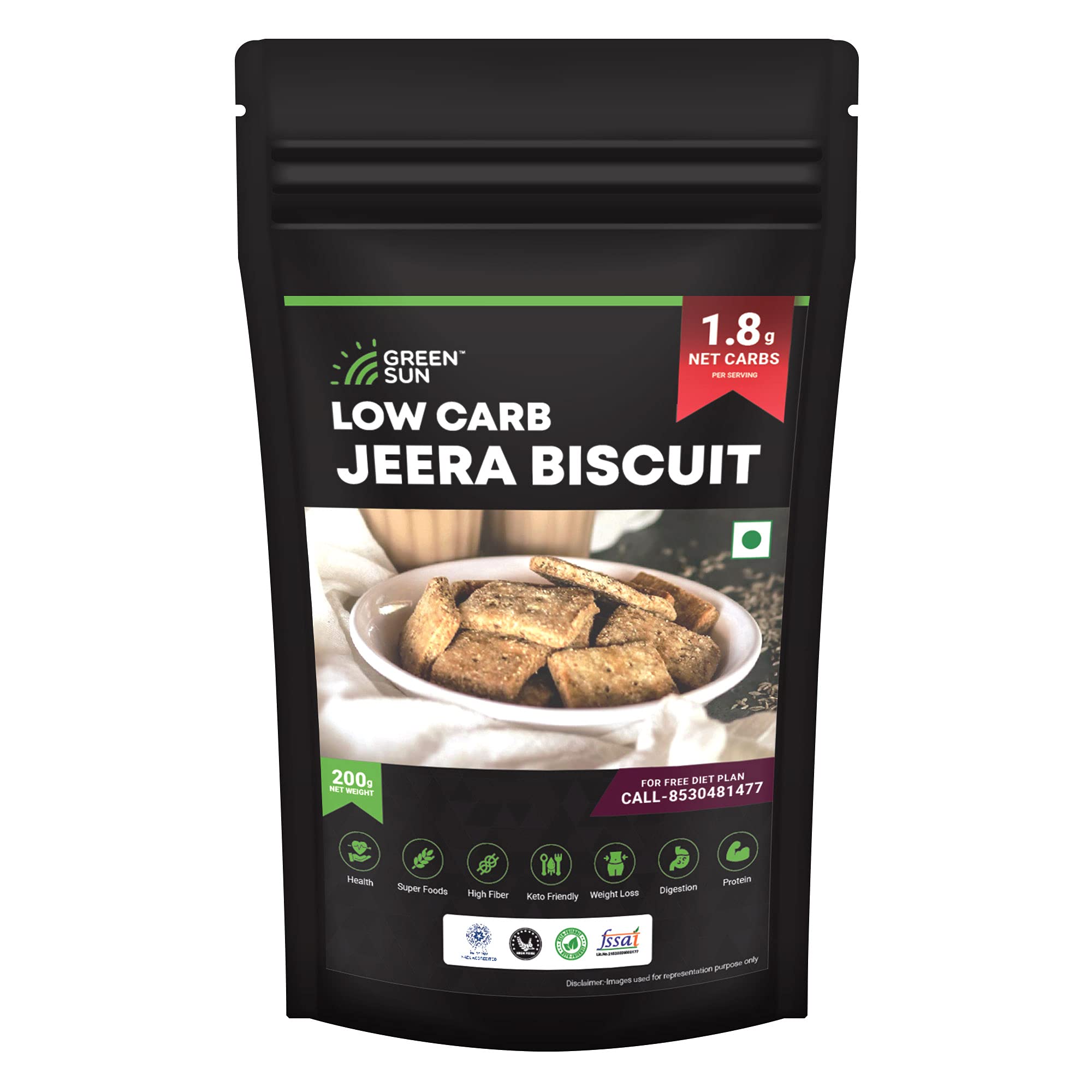 Green Sun Low Carb Jeera Cookies|200Gm | 0.6 g Net Carb Per Biscuit | Keto Friendly| Sugar Free | Natural Sweetener Stevia |Healthy | High Fiber | Super Foods | Crispy