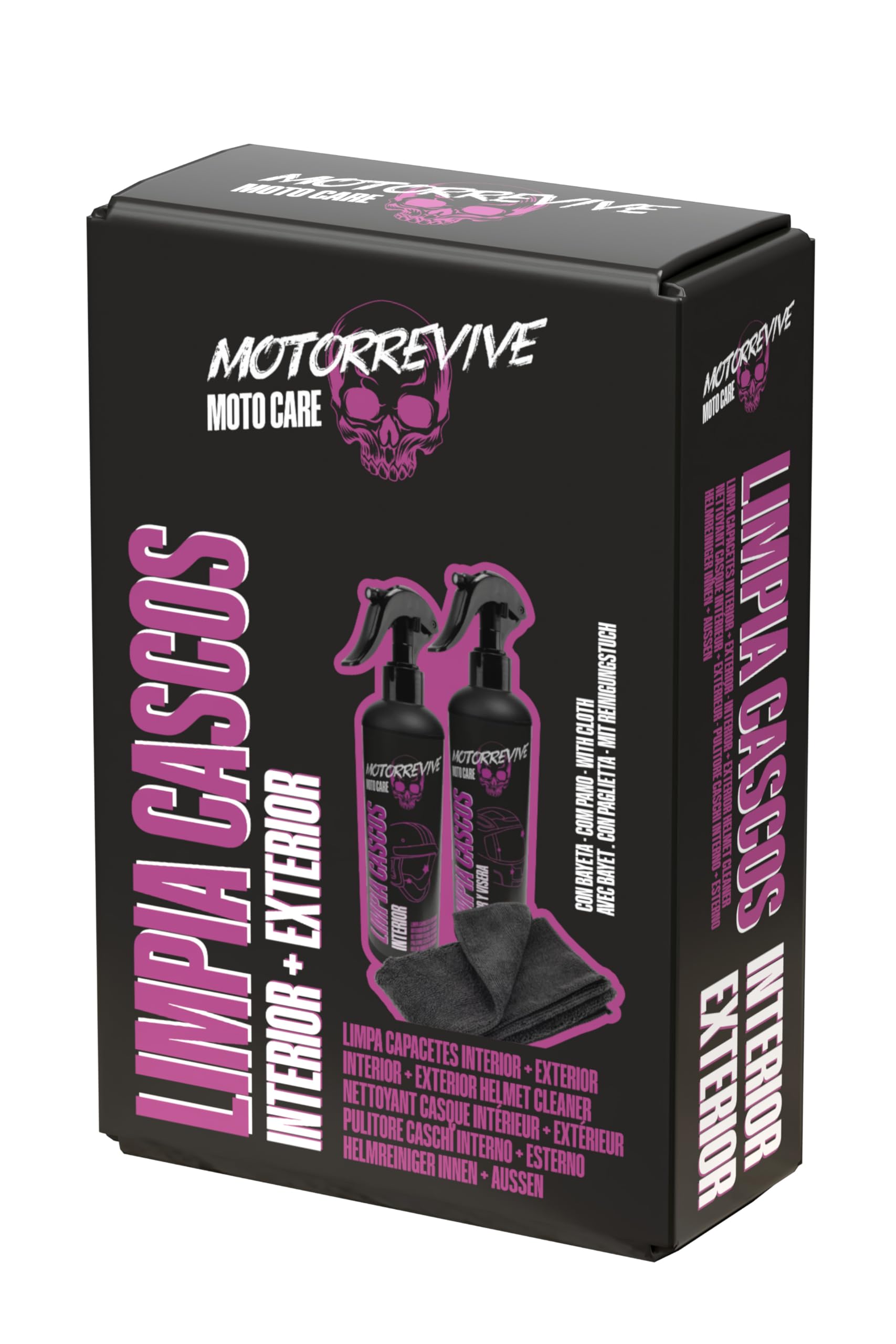 Pack Limpieza de Cascos de Moto 200 + 200 ml. Spray limpiador Interior + Exterior y Visera + Bayeta de Microfibra. Higiene Completa y Cuidado Profesional para Casco de Motocicleta