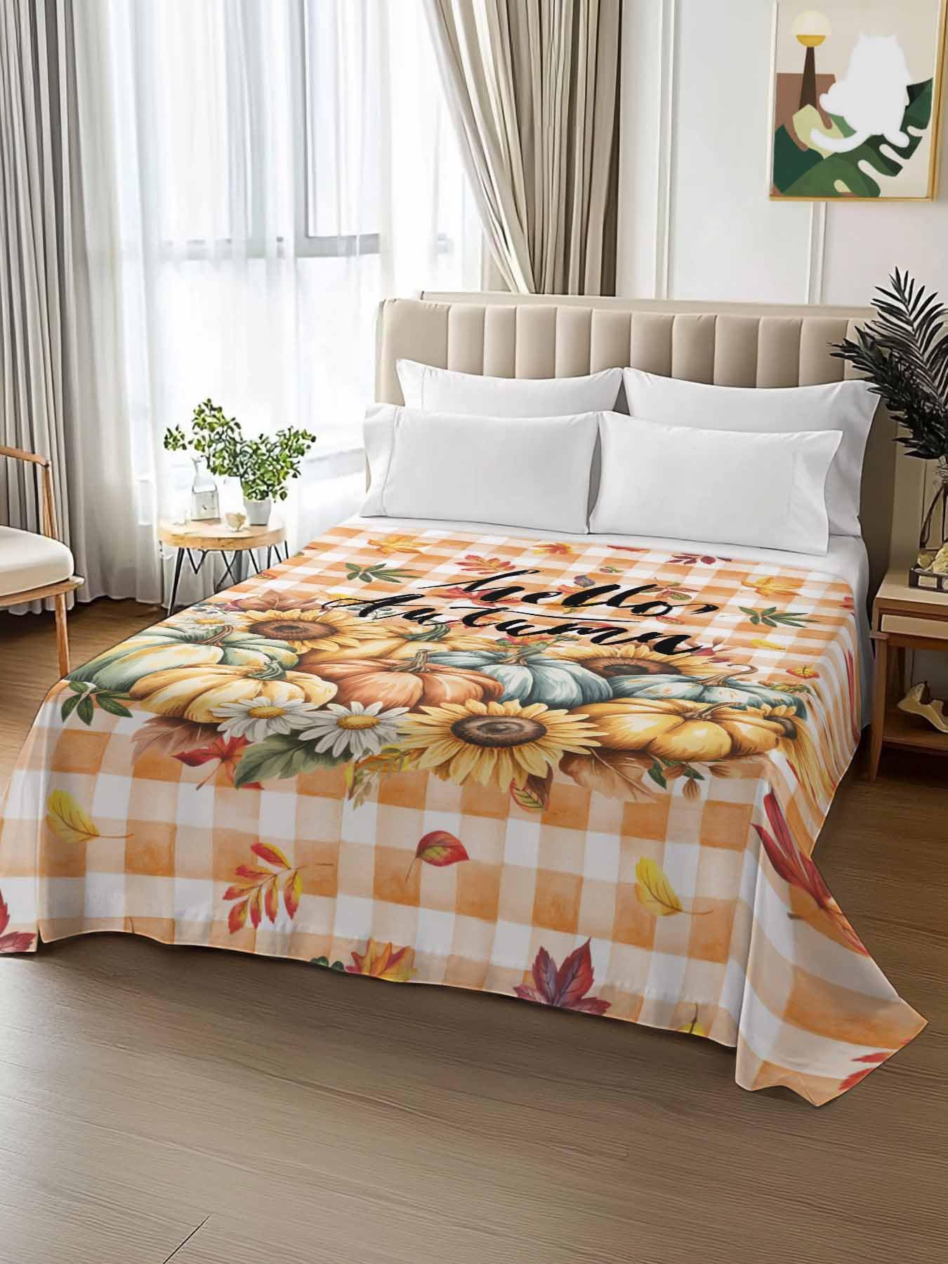 Full Size Flat Sheet Only, Thanksgiving Pumpkin Sunflower Farm Harvest Bed Top Sheet Soft Microfiber Breathable Bedding Flat Sheets, Orange Plaid Top Sheets Hotel Luxury