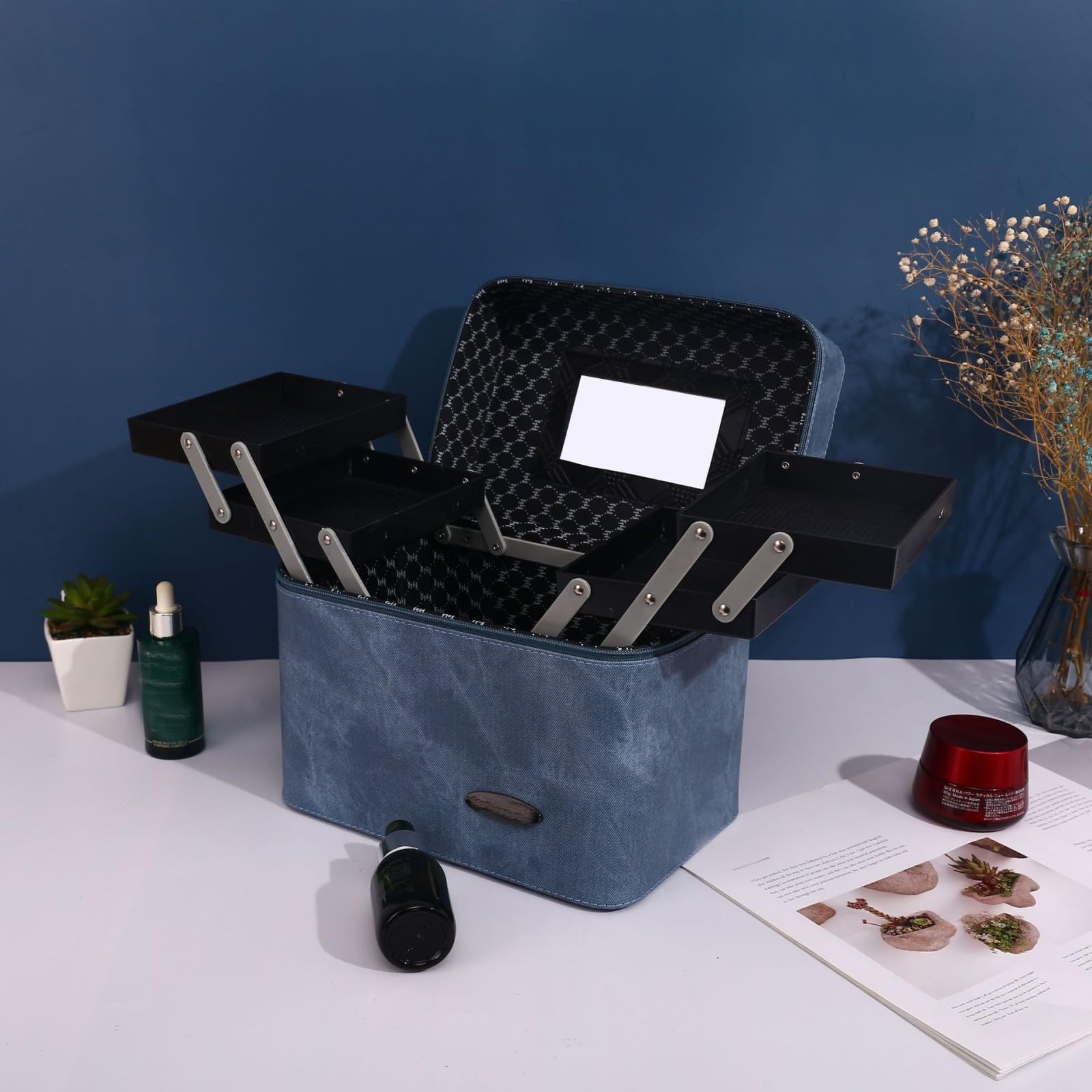 HJDMO - Astuccio per trucchi in poliuretano, con texture in denim, grande capacità, per donne, con specchio e vassoio, per la casa, 805-1 Nero, Classico