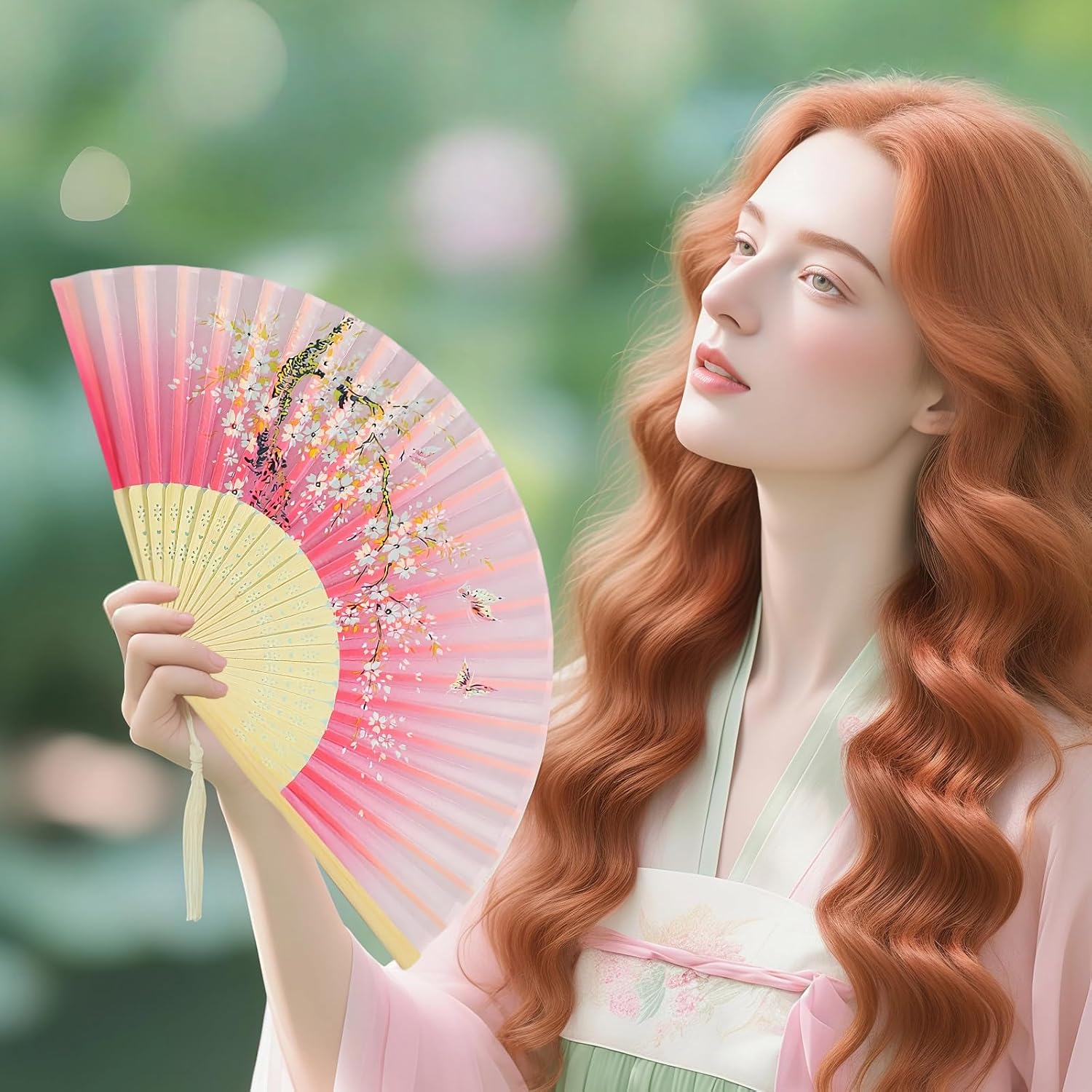 hejhncii Chinese Florals Print Silk Folding Hand Fan with Frame and Tassels for Women Weddings Party Decoration Vintage Hand Fan for Women