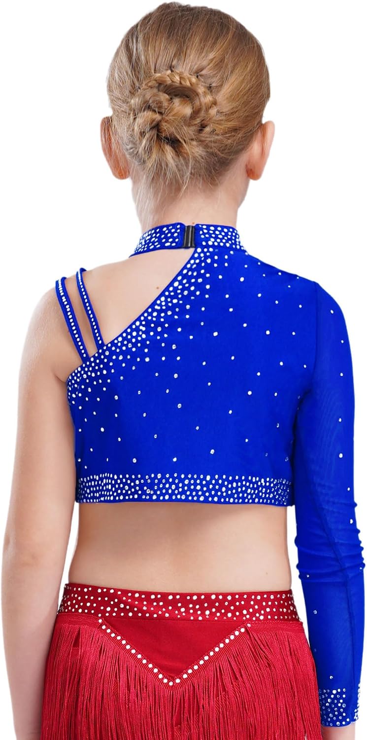 iiniim Kids Girls Shiny Diamonds Lyrical Dance Crop Top with Flowy Chiffon Hi-Lo Skirt Modern Ballet Dance Outfits