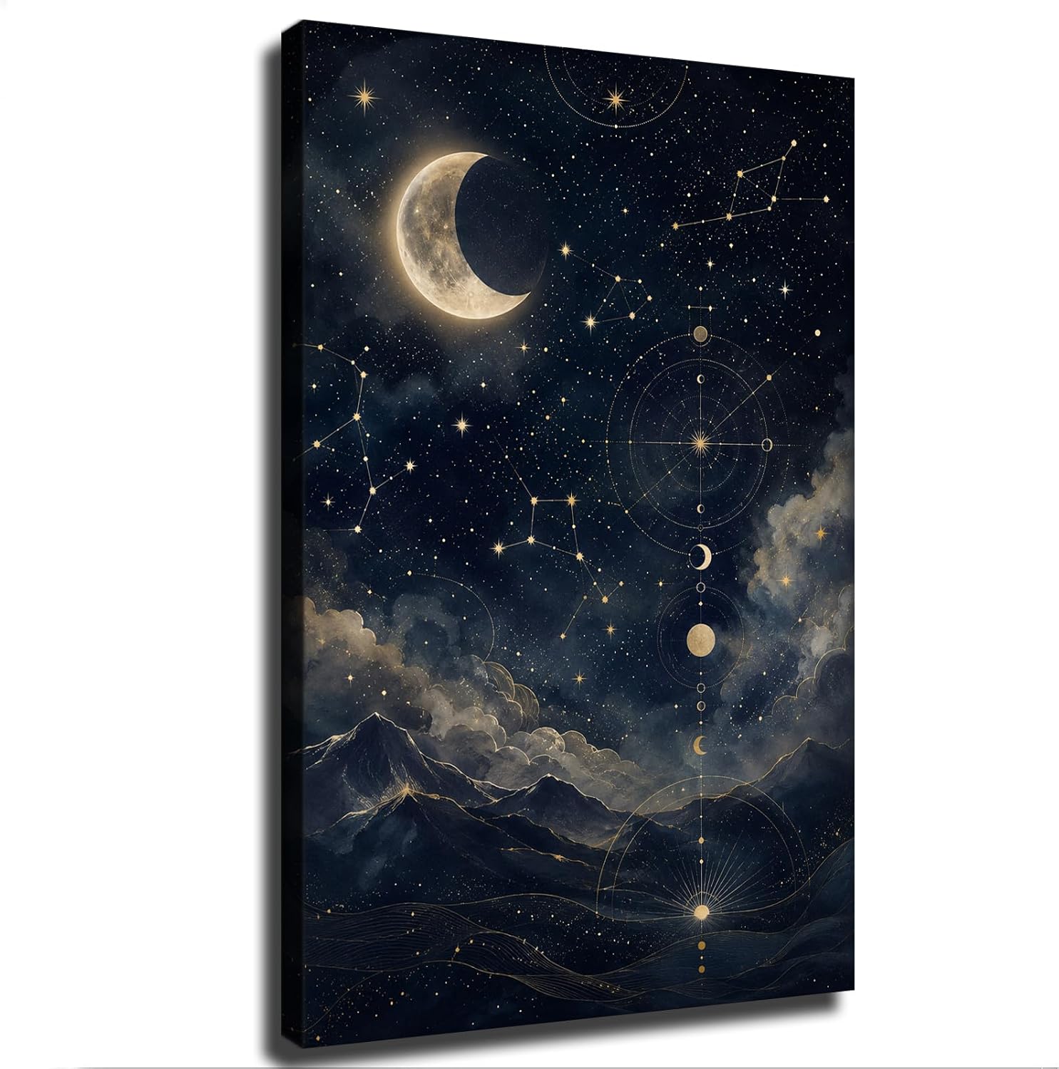 Constellation Wall Art Night Sky Mountain Canva Poster Modern Aesthetic Picture Home Office Living Room, Bathroom Decoration Painting Holiday Gift (08×12inch-Framed)