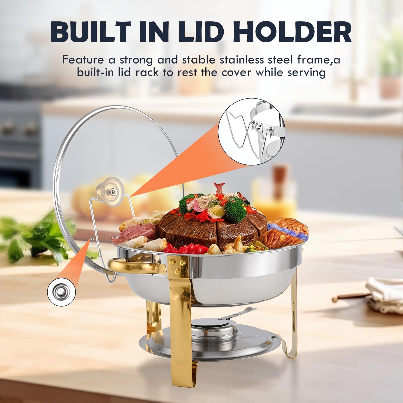 Lot De 2 Plats De Buffet Ronds Dorés Avec Couvercle En Verre - 5 Litres, Acier Inoxydable
