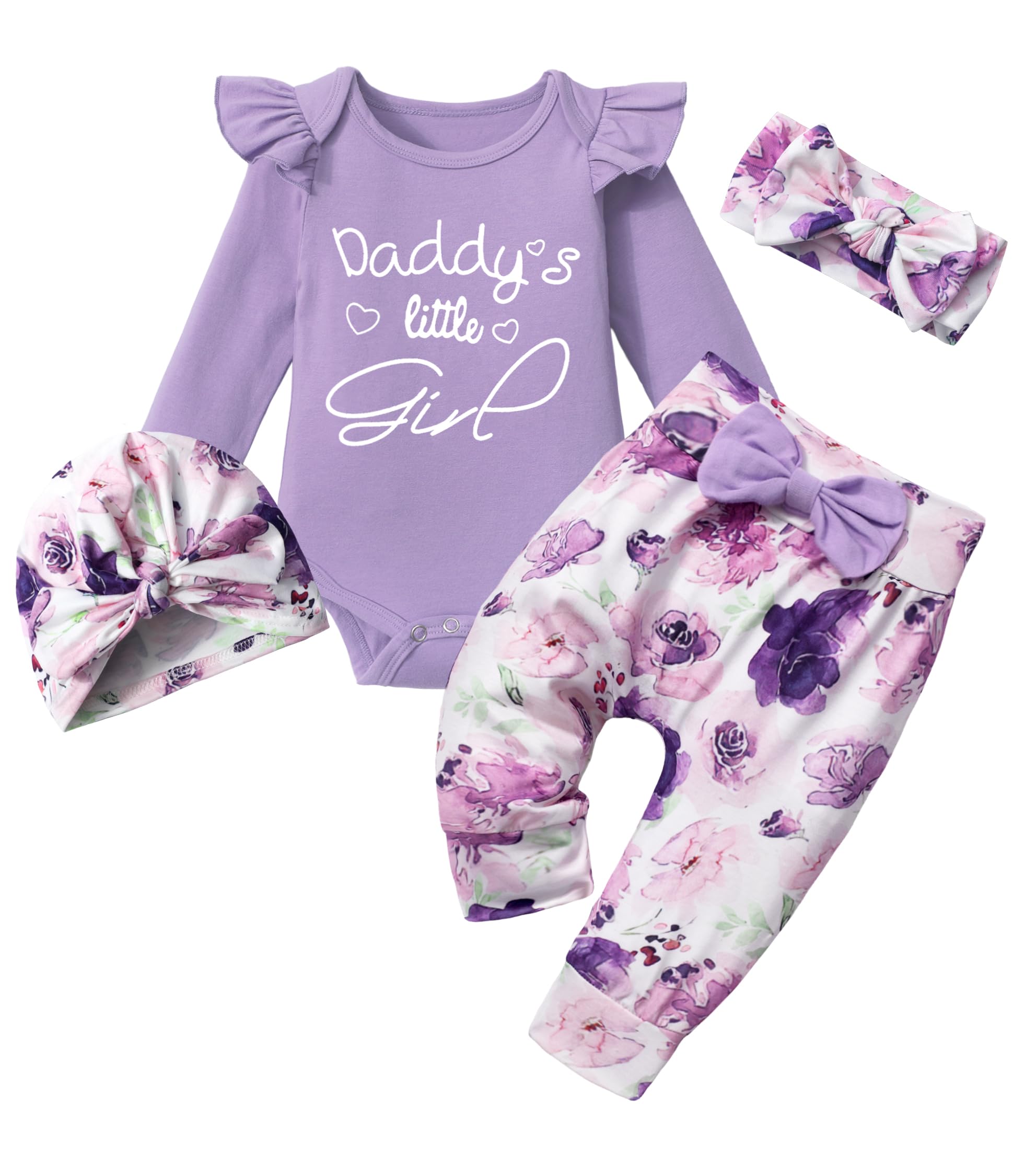 Conjunto de ropa para bebé recién nacido, camiseta de manga larga con volantes blancos, pantalones + diadema + gorro, 4 piezas, 0 – 6 meses